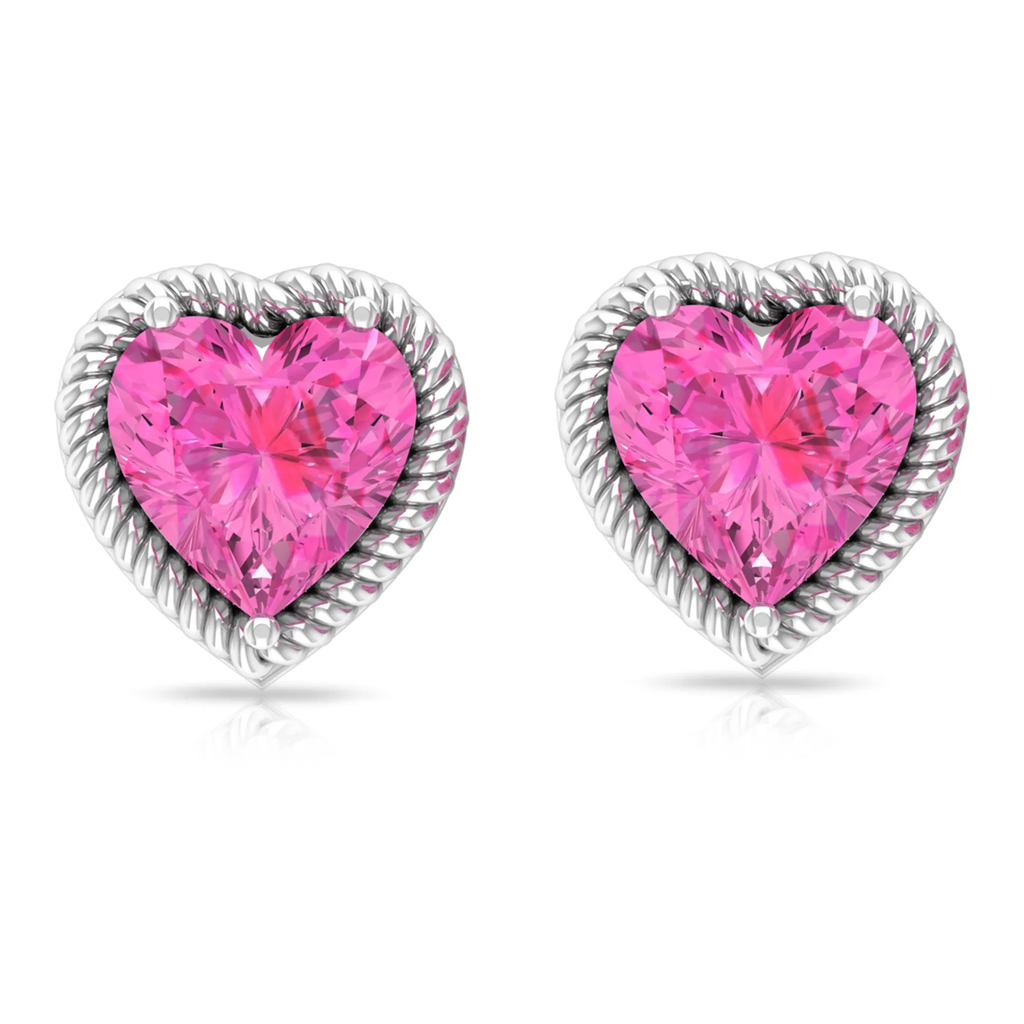 Heart Shape Pink Sapphire Solitaire Stud Earrings in Rope Frame