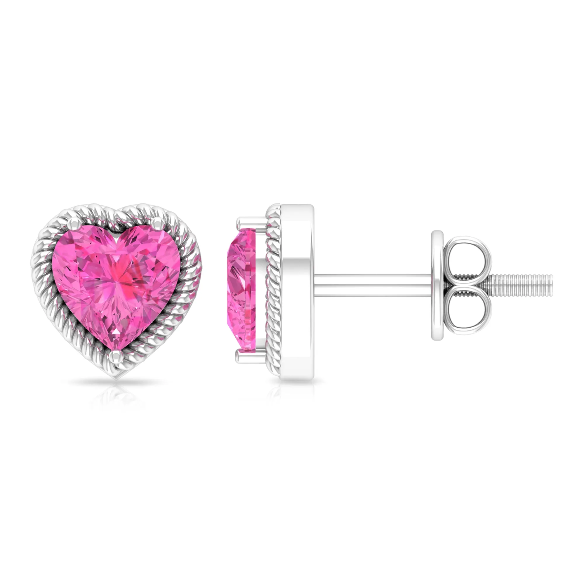 Heart Shape Pink Sapphire Solitaire Stud Earrings in Rope Frame