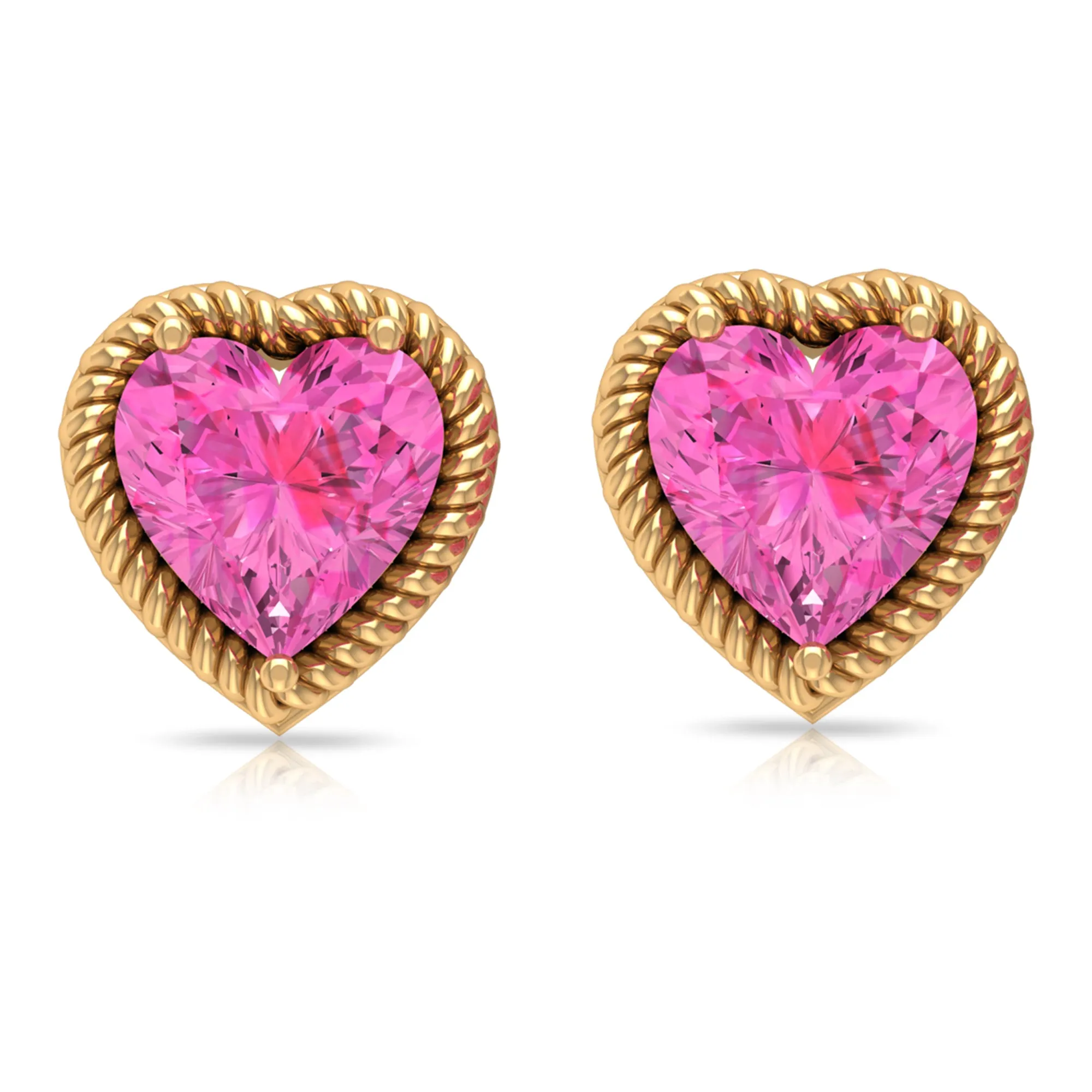 Heart Shape Pink Sapphire Solitaire Stud Earrings in Rope Frame