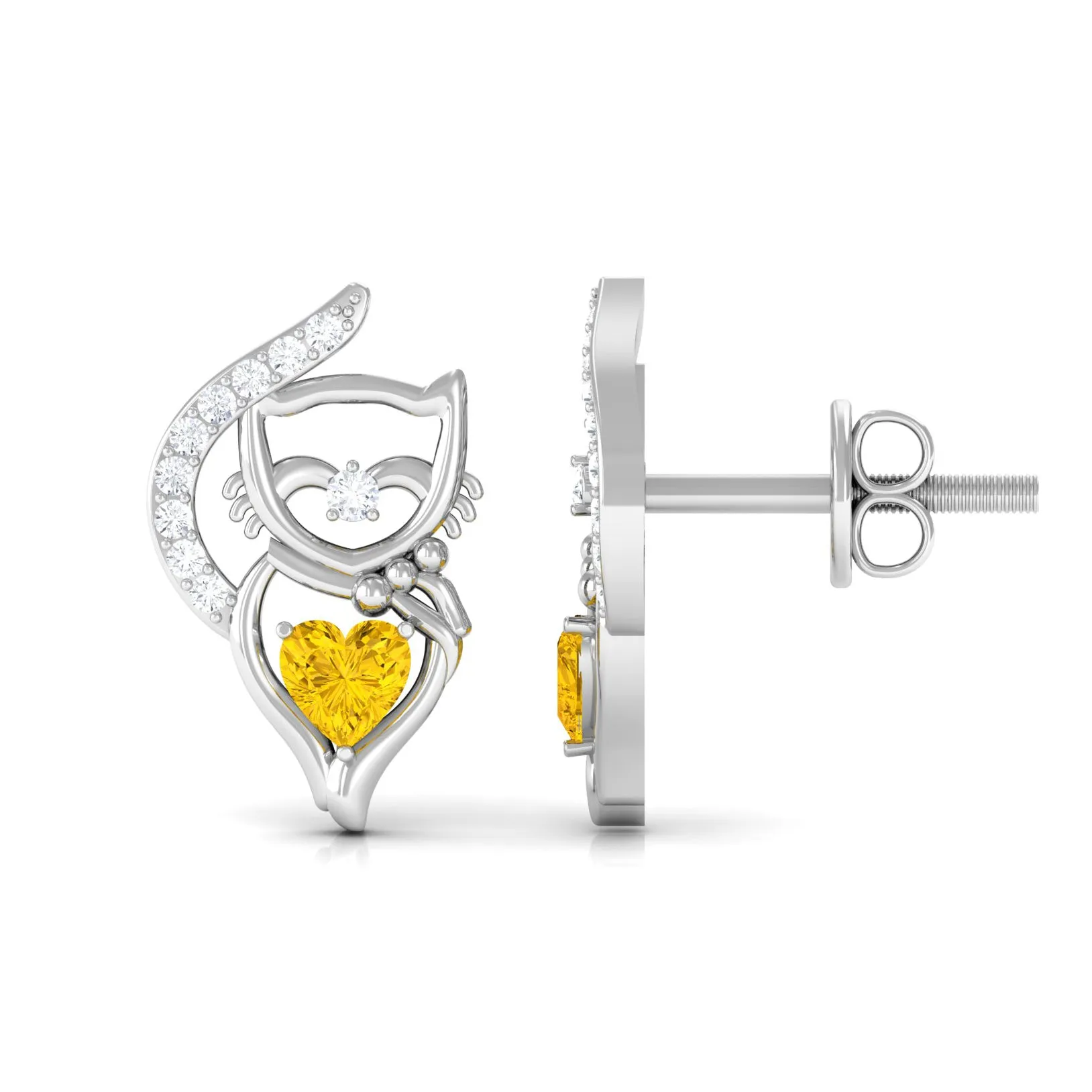 Heart Shape Yellow Sapphire and Diamond Cat Stud Earrings