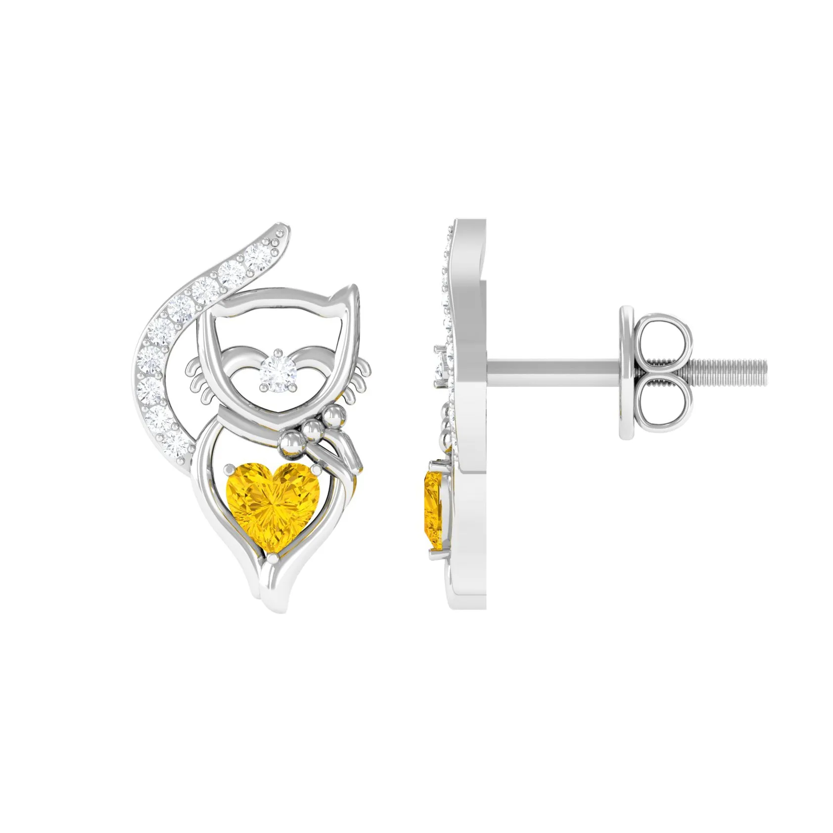 Heart Shape Yellow Sapphire and Diamond Cat Stud Earrings