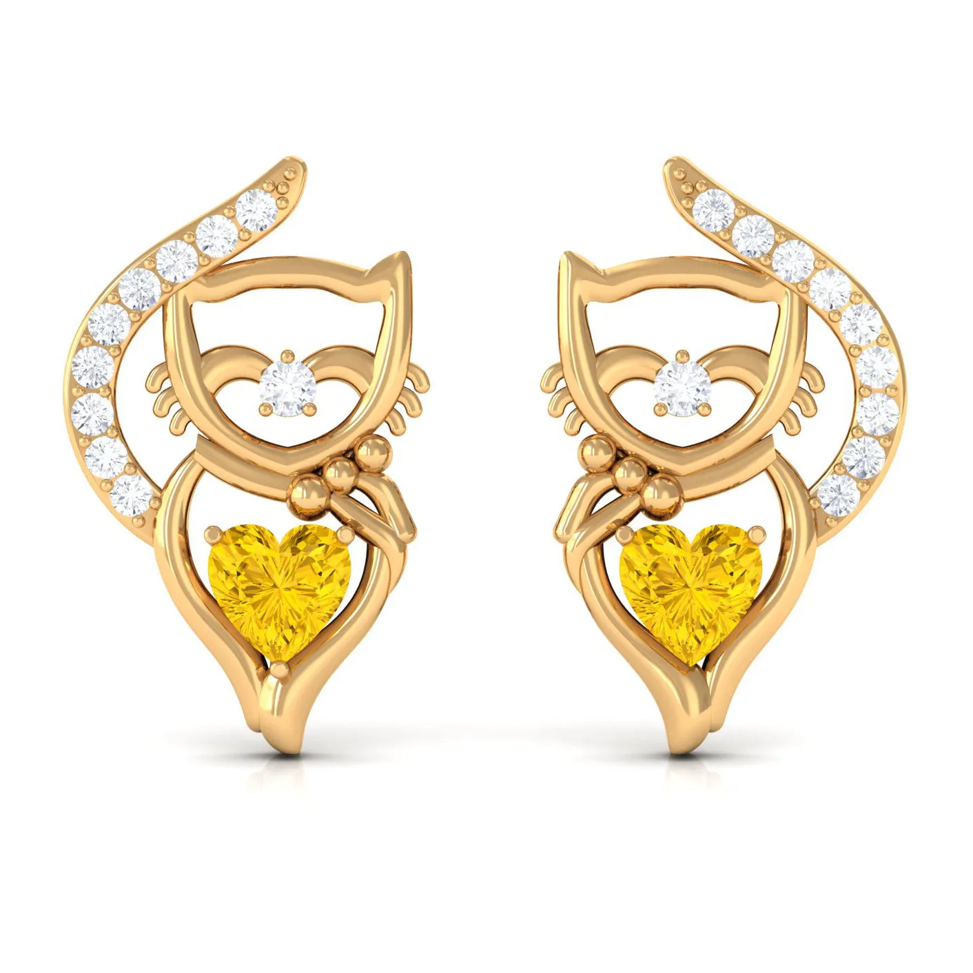 Heart Shape Yellow Sapphire and Diamond Cat Stud Earrings