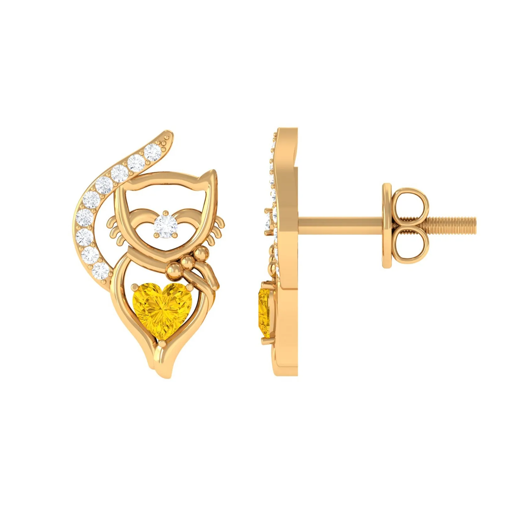 Heart Shape Yellow Sapphire and Diamond Cat Stud Earrings