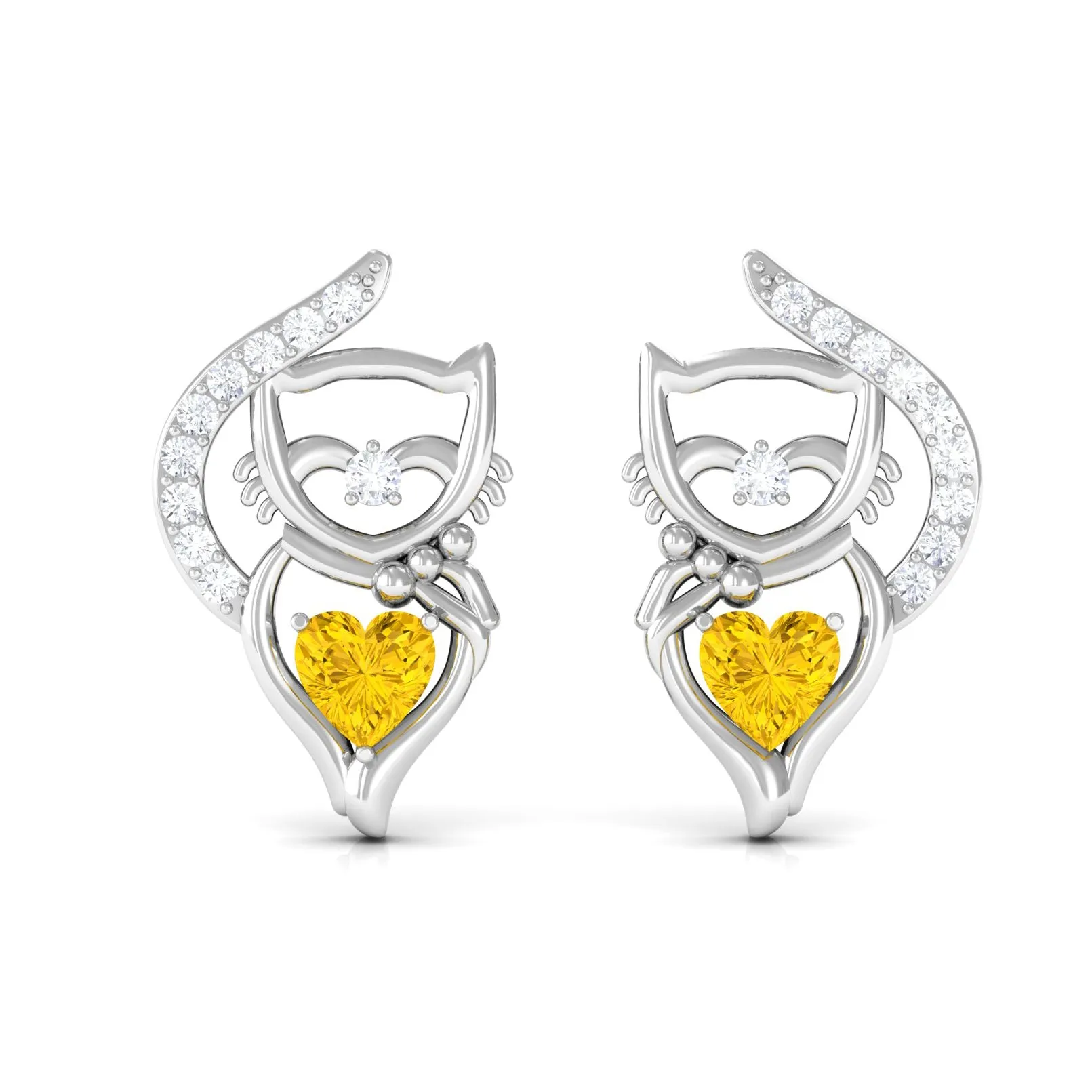 Heart Shape Yellow Sapphire and Diamond Cat Stud Earrings