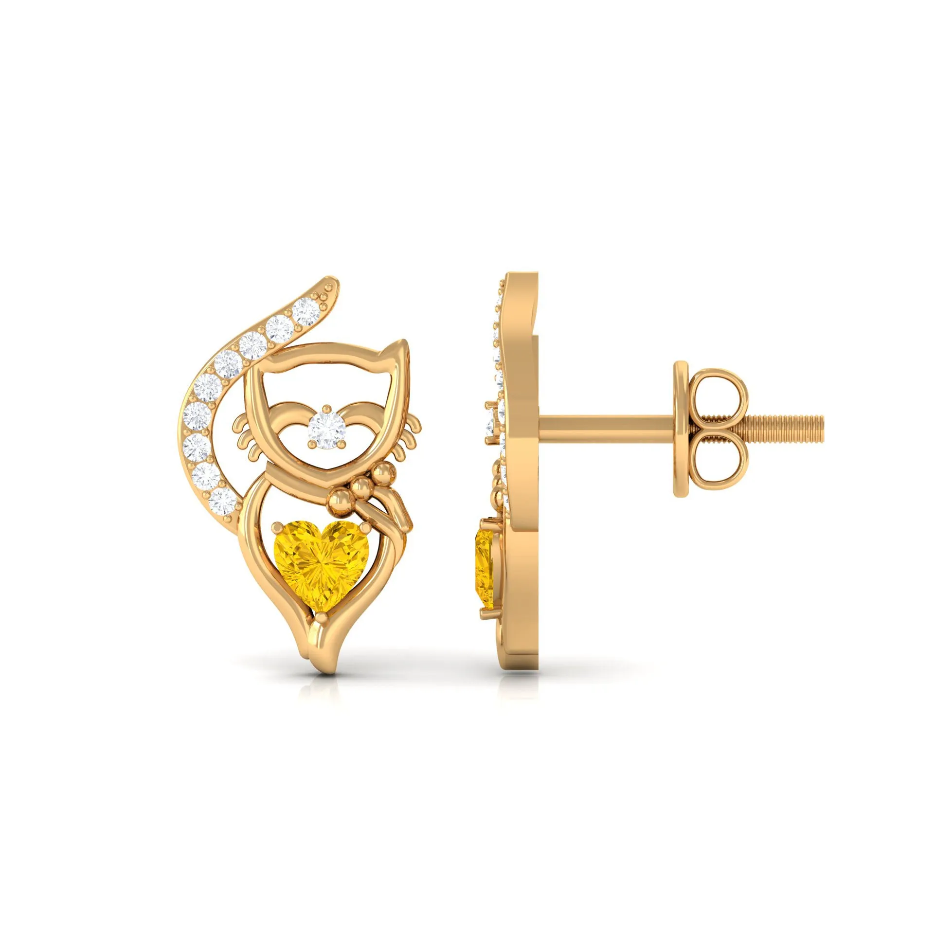 Heart Shape Yellow Sapphire and Diamond Cat Stud Earrings