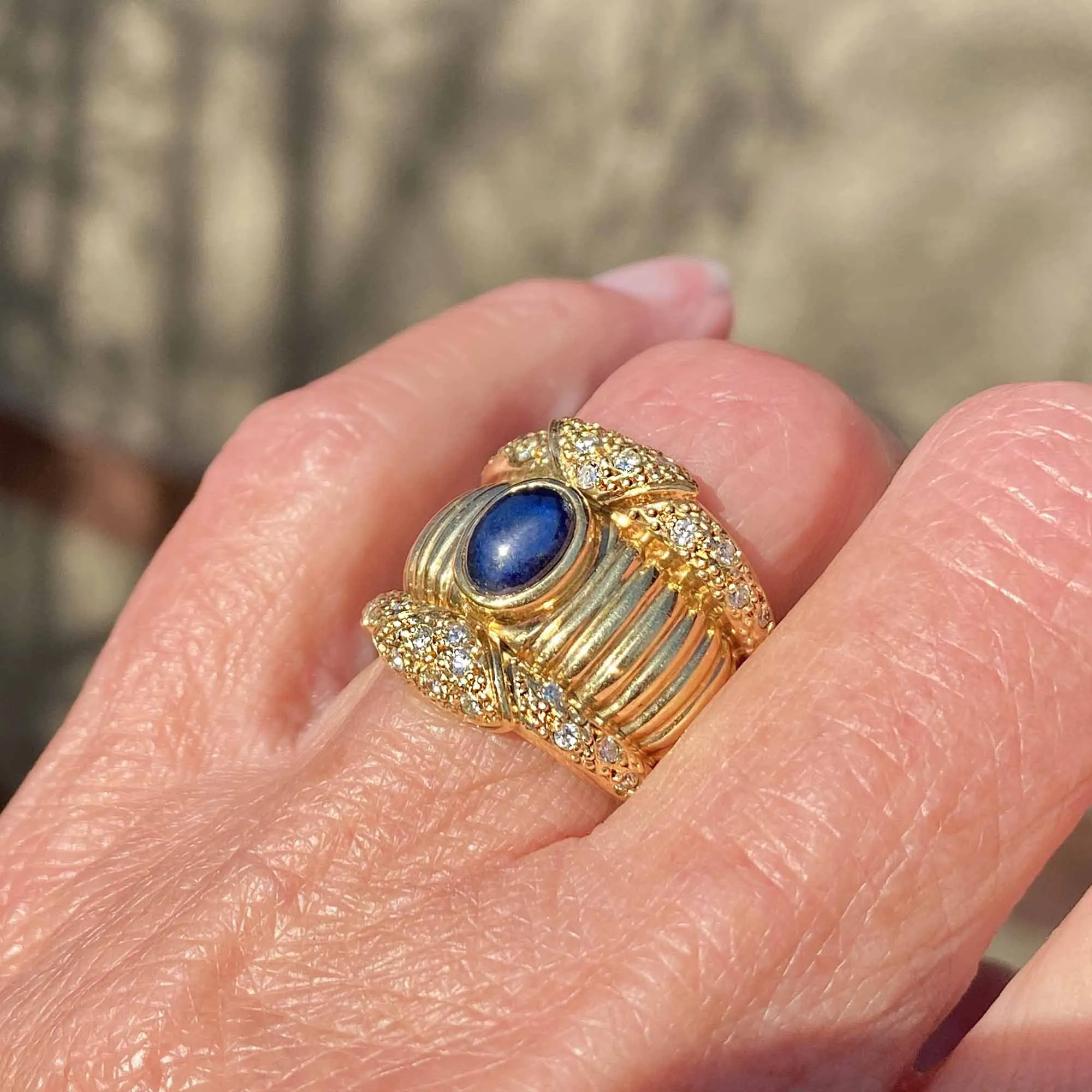 Impressive Wide 18K Gold Diamond Sapphire Ring Band