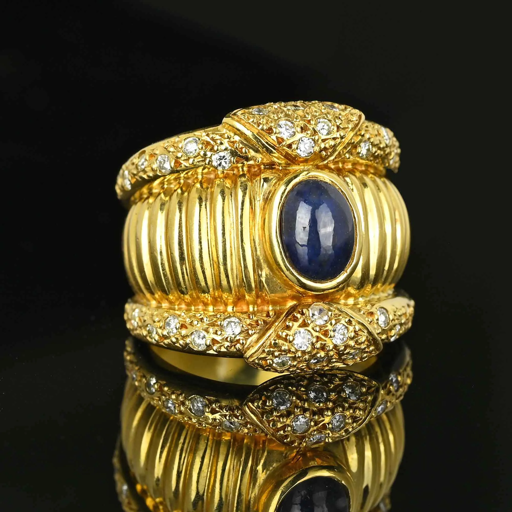 Impressive Wide 18K Gold Diamond Sapphire Ring Band