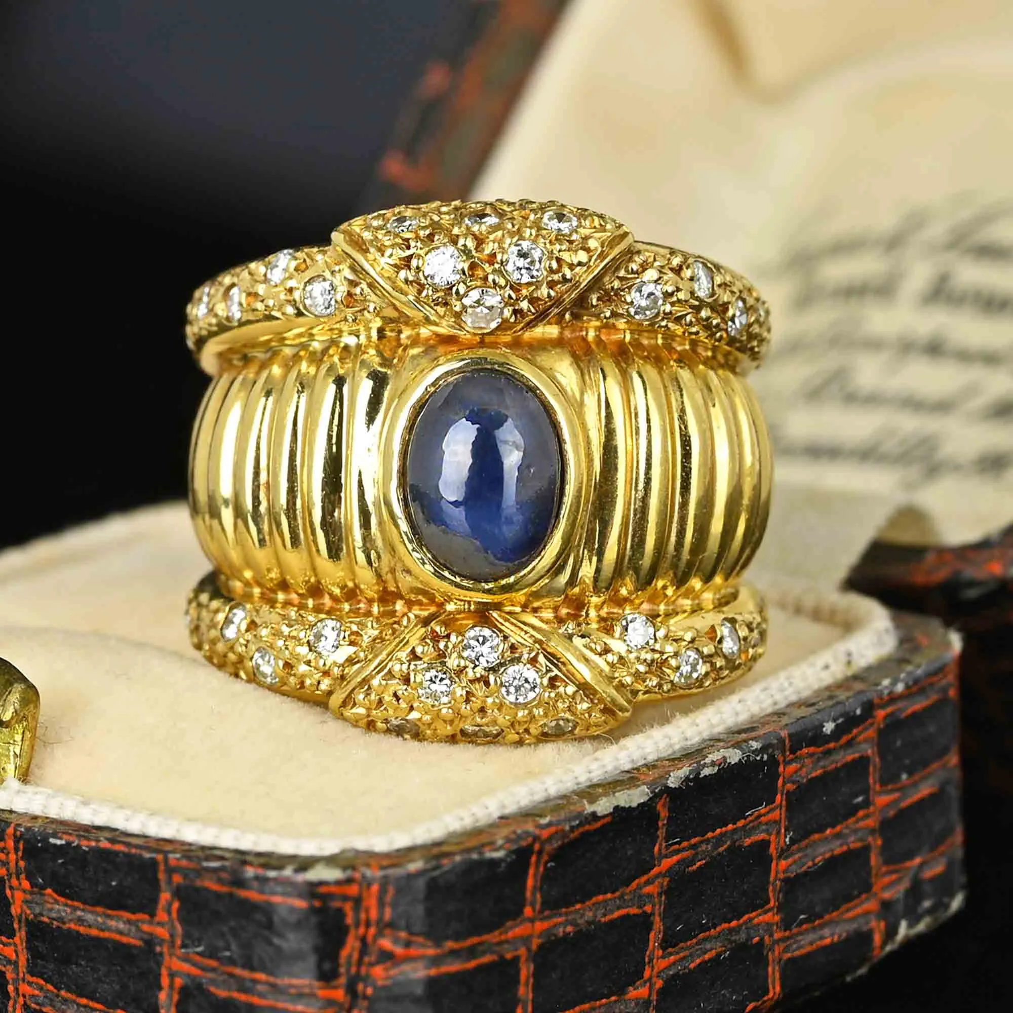 Impressive Wide 18K Gold Diamond Sapphire Ring Band