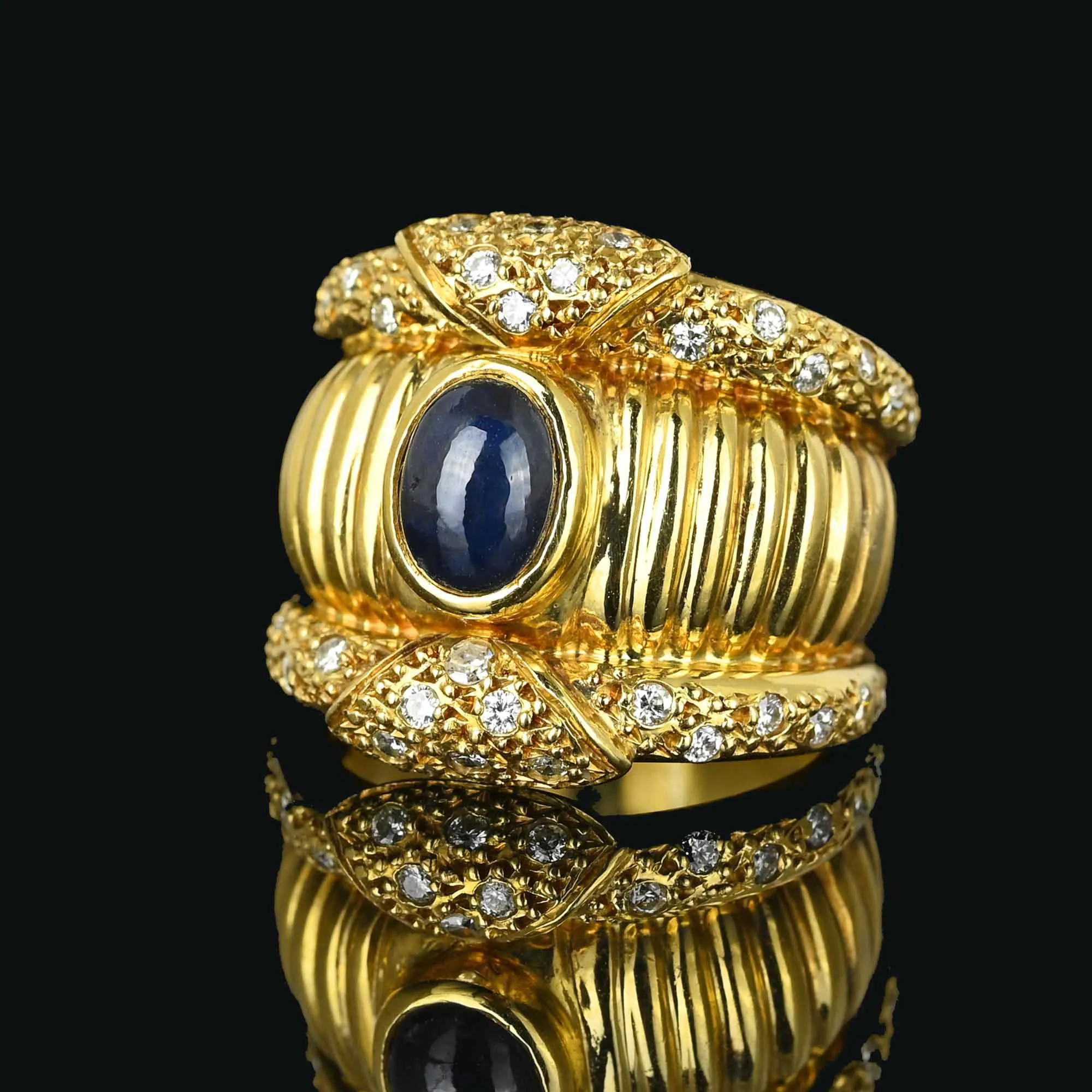 Impressive Wide 18K Gold Diamond Sapphire Ring Band