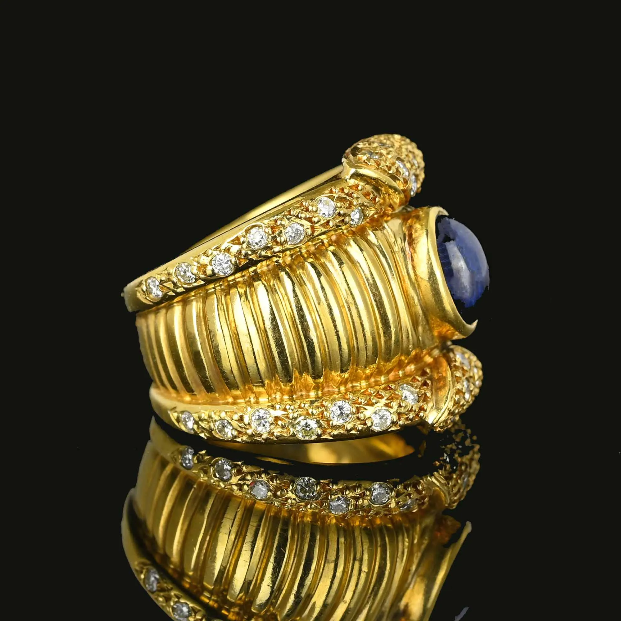 Impressive Wide 18K Gold Diamond Sapphire Ring Band