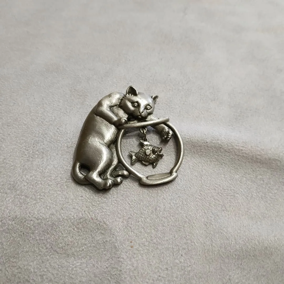 JJ Cat brooch  with a Dangling Fish in a Fishbowl in pewter