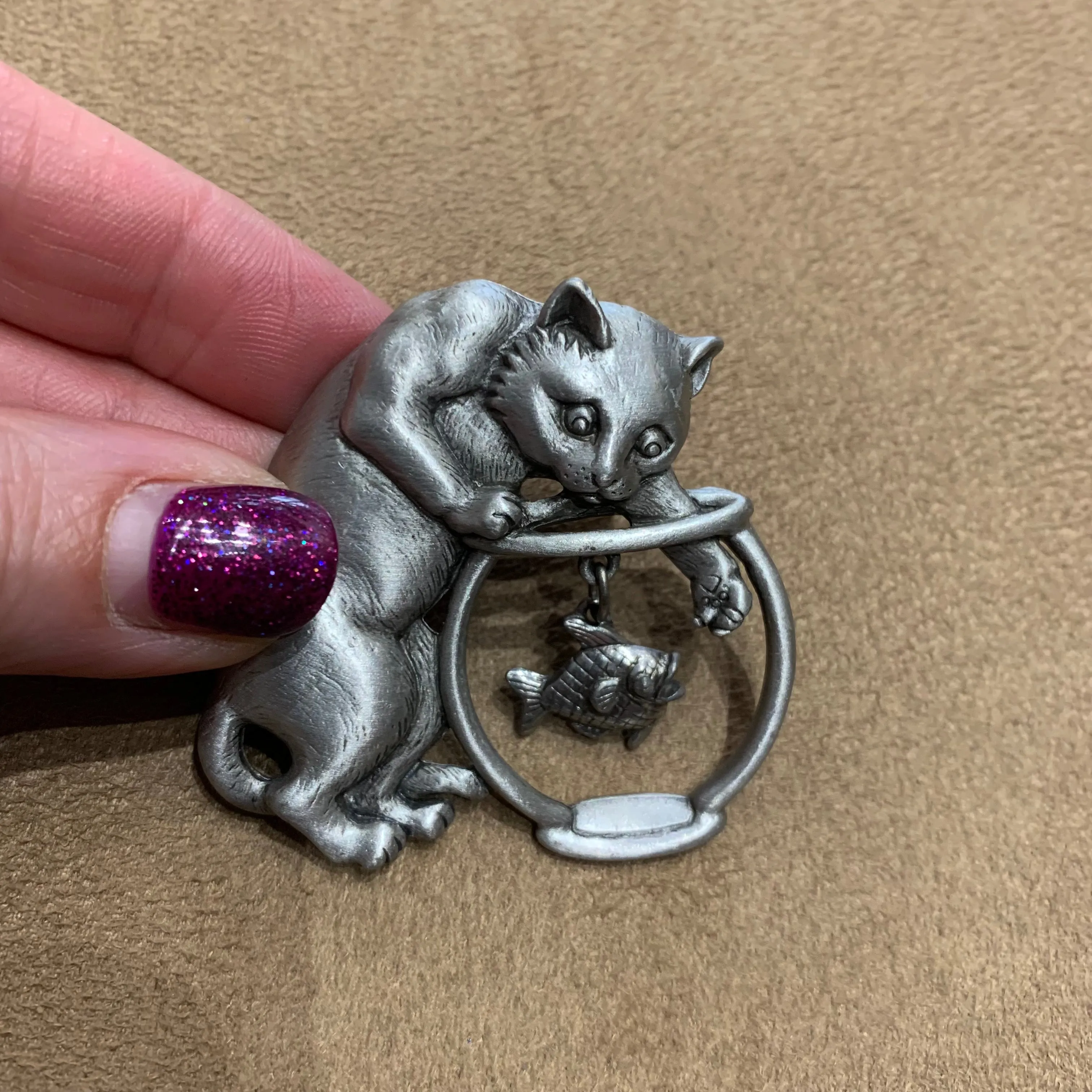 JJ Cat brooch  with a Dangling Fish in a Fishbowl in pewter