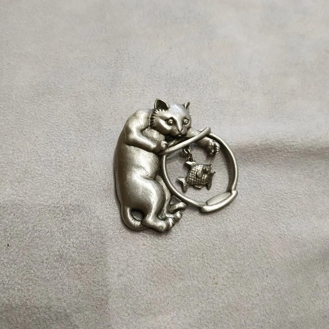 JJ Cat brooch  with a Dangling Fish in a Fishbowl in pewter