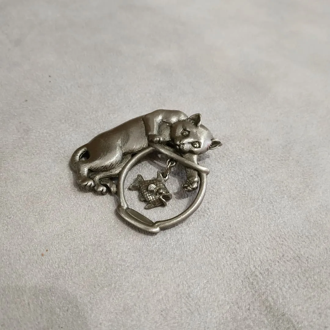 JJ Cat brooch  with a Dangling Fish in a Fishbowl in pewter