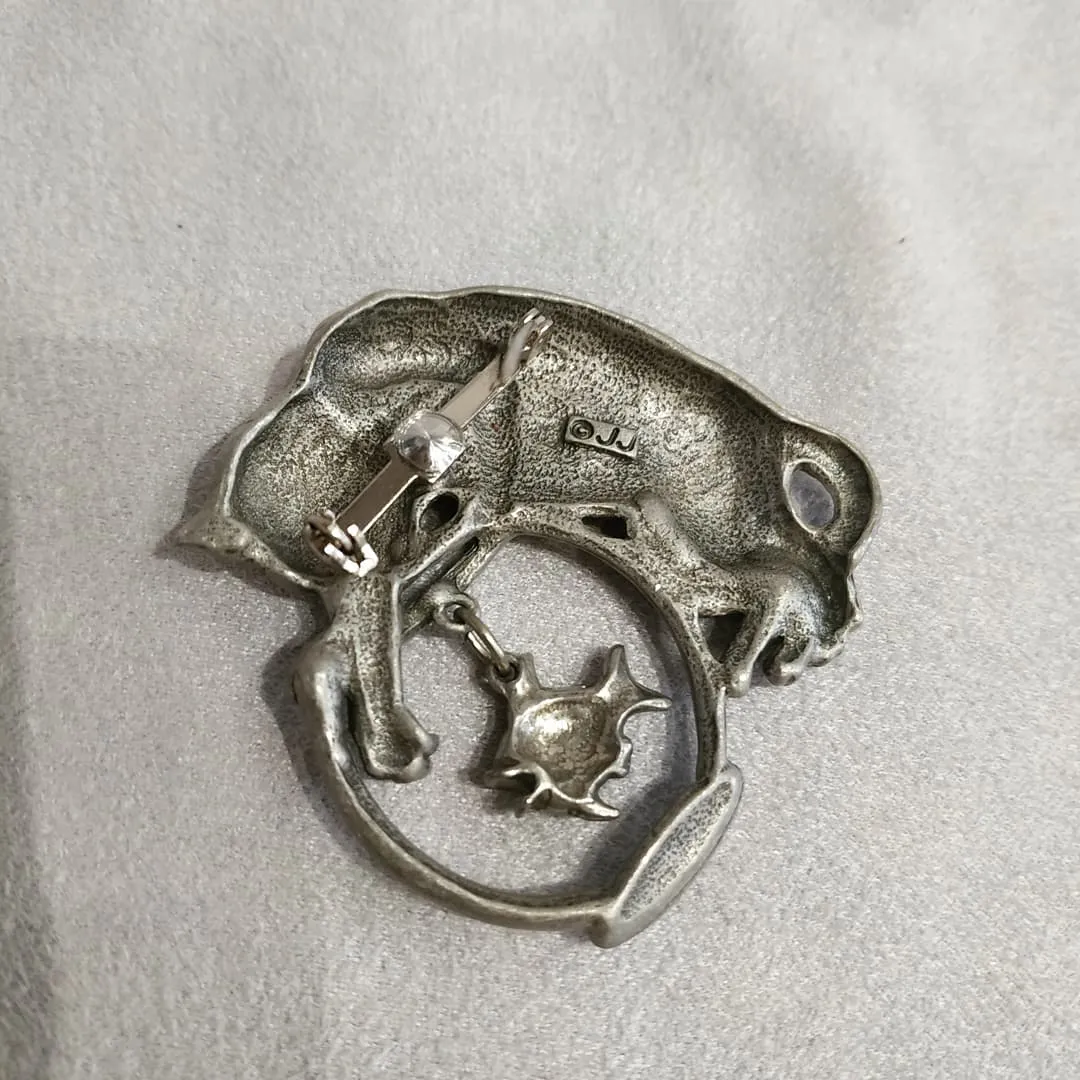 JJ Cat brooch  with a Dangling Fish in a Fishbowl in pewter