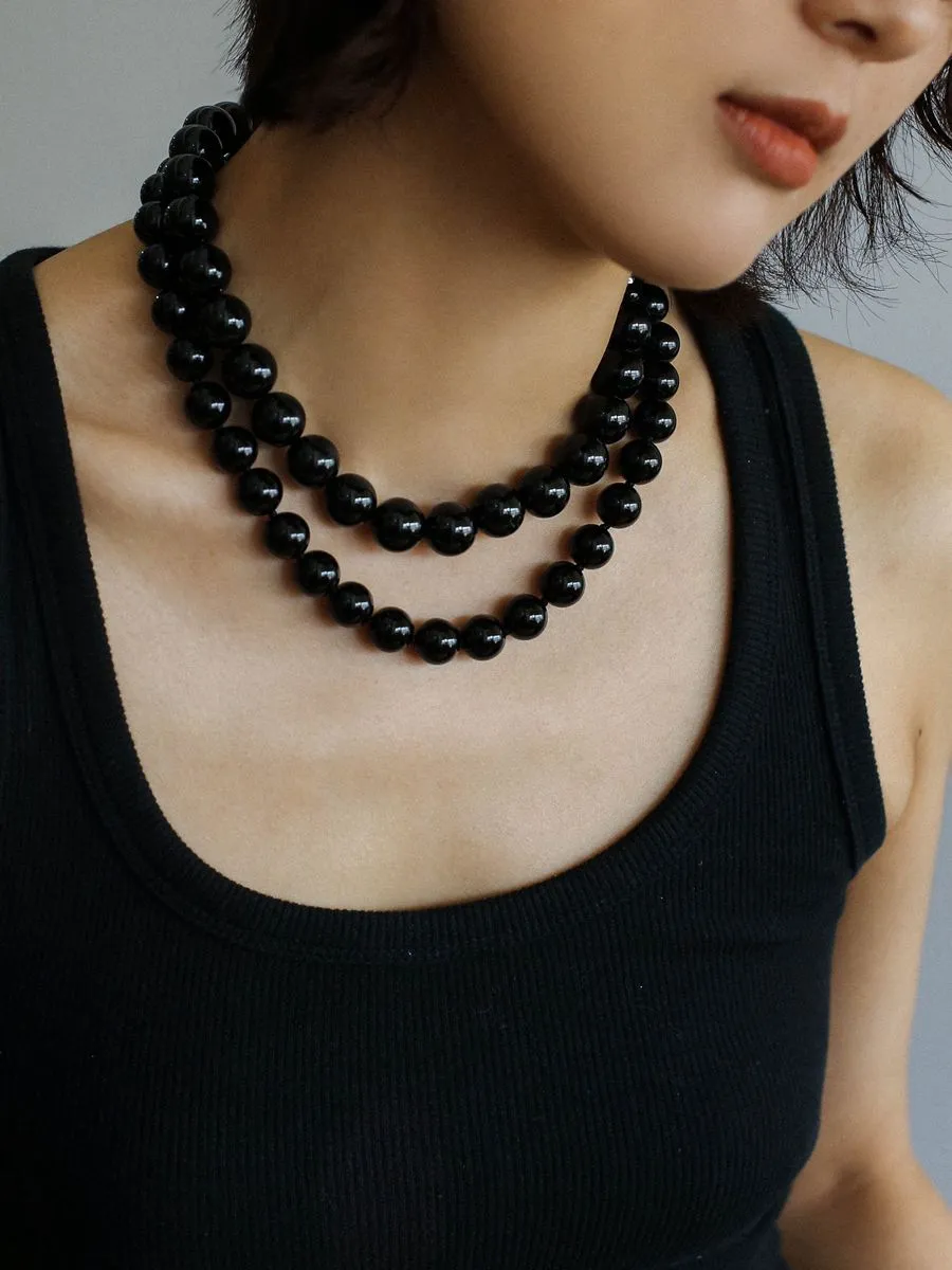 Knotted 12mm Black Onyx Beaded Necklace