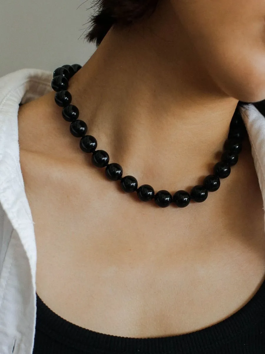 Knotted 12mm Black Onyx Beaded Necklace