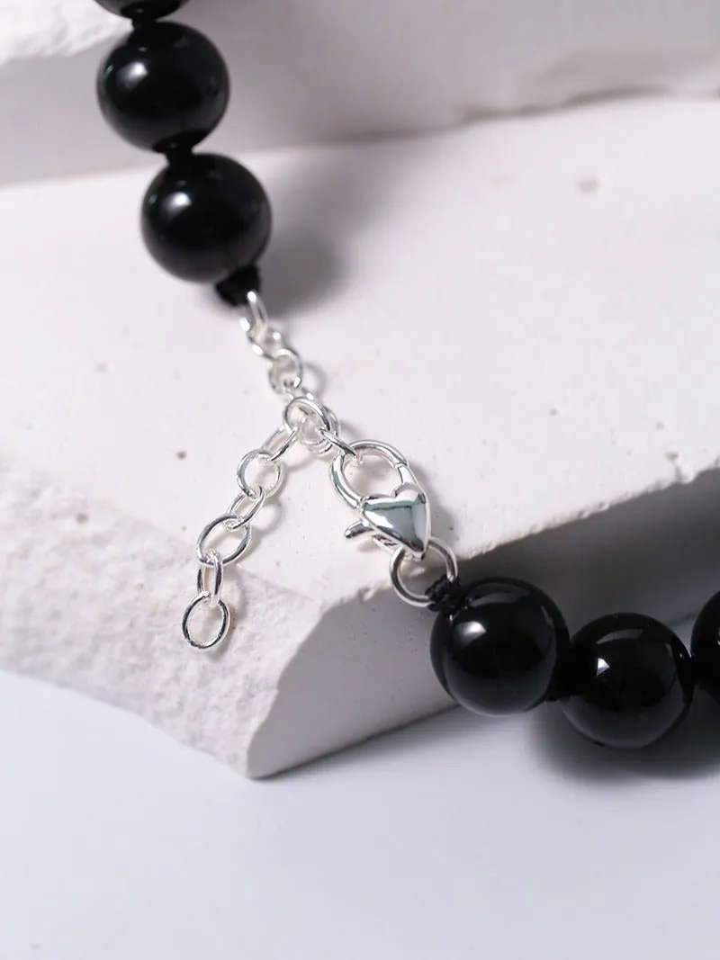 Knotted 12mm Black Onyx Beaded Necklace