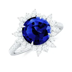 Lab-Created Blue Sapphire Cocktail Ring with Diamond Floral Halo