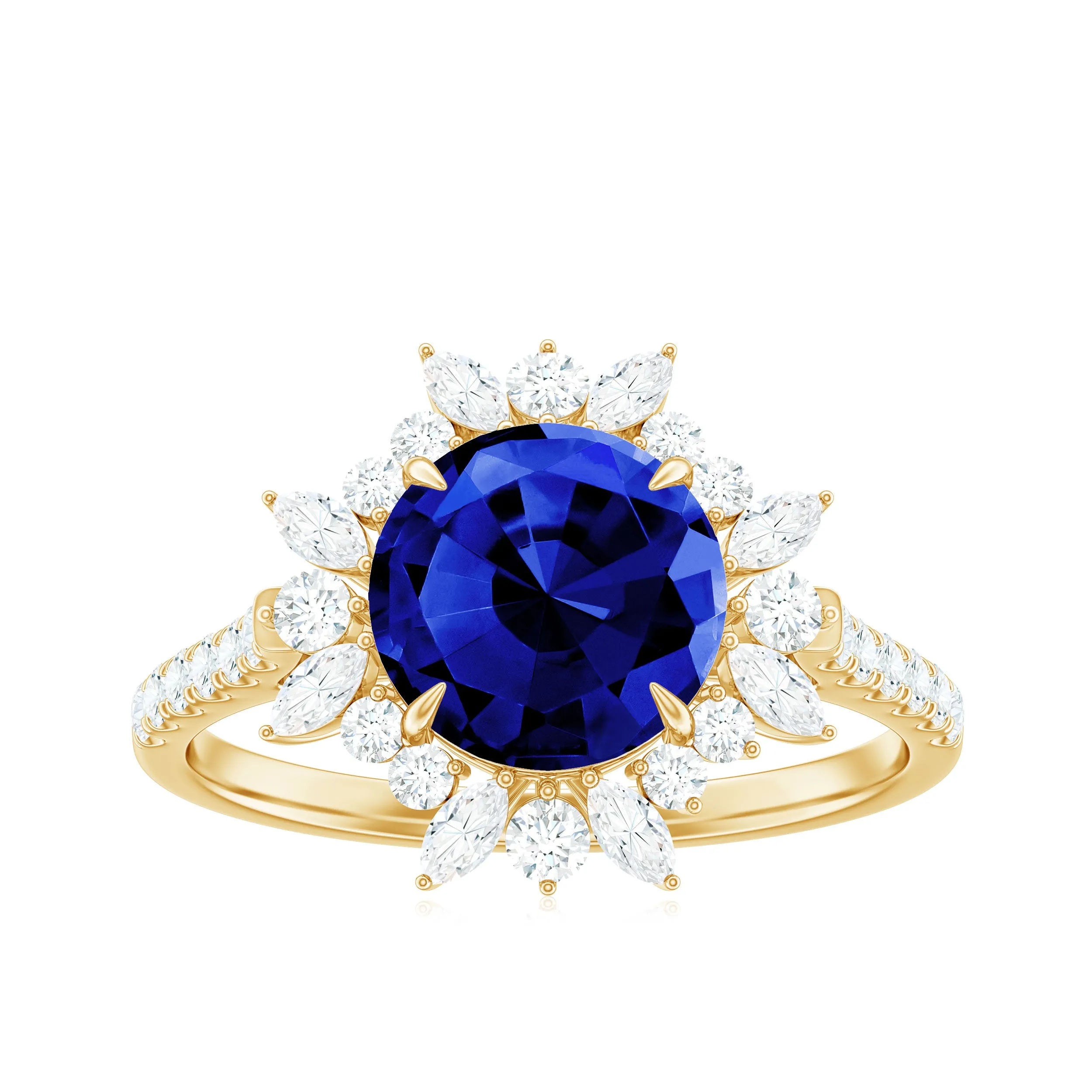 Lab-Created Blue Sapphire Cocktail Ring with Diamond Floral Halo