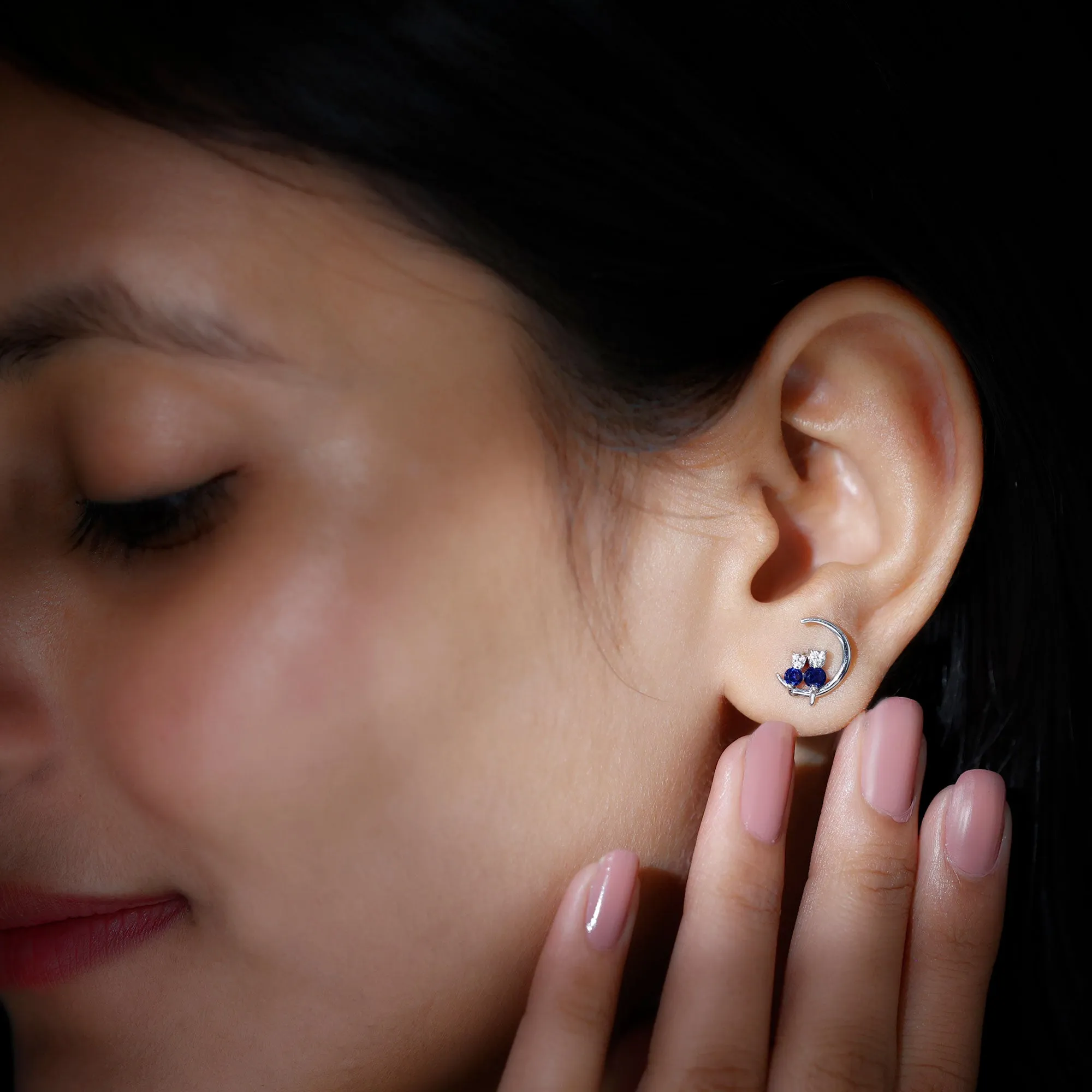 Lab Grown Blue Sapphire and Diamond Cat and Moon Stud Earrings