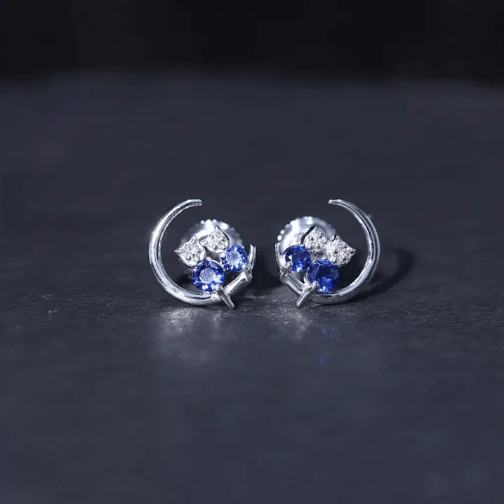 Lab Grown Blue Sapphire and Diamond Cat and Moon Stud Earrings