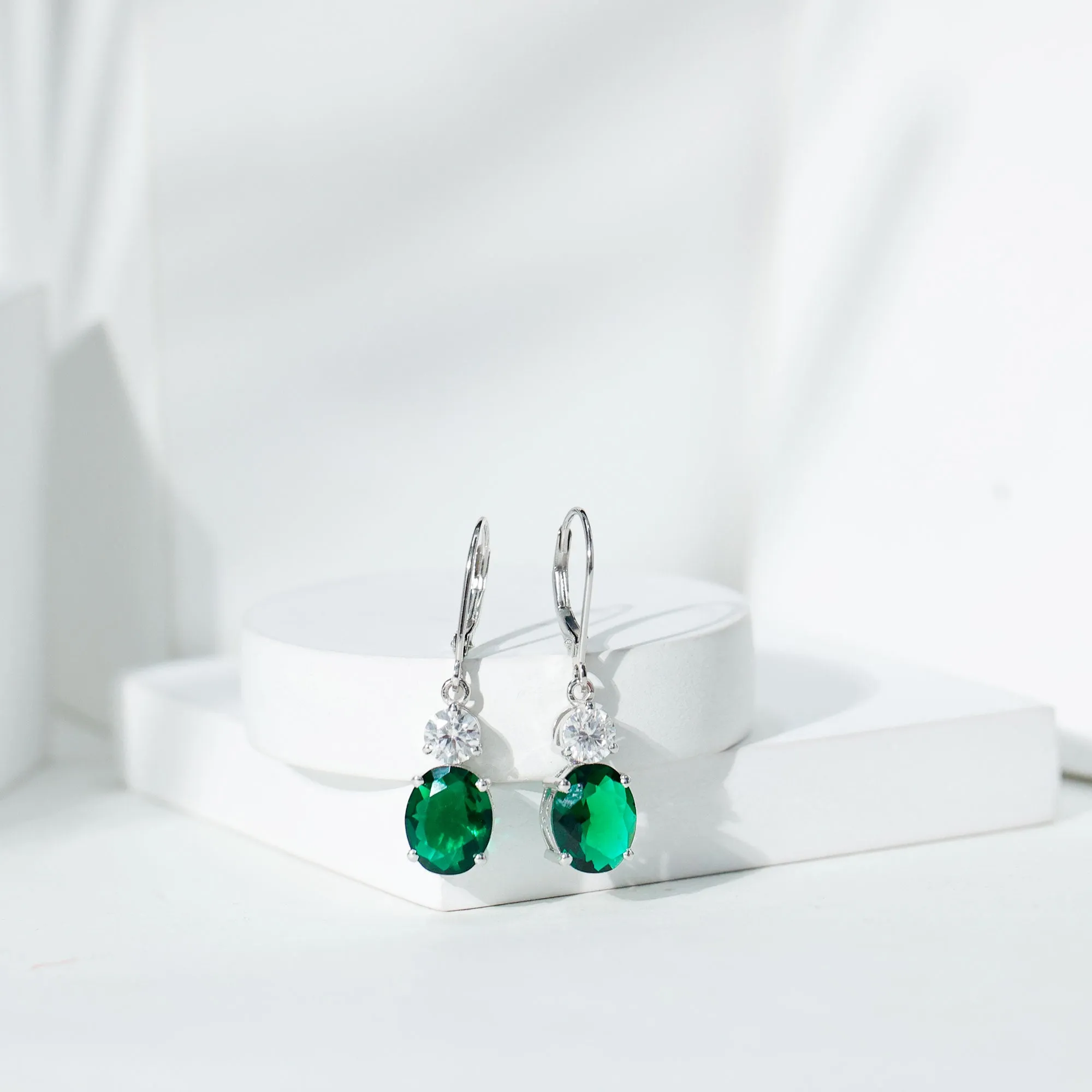 Lab Grown Green Sapphire Oval Drop Dangle Earrings With Moissanite