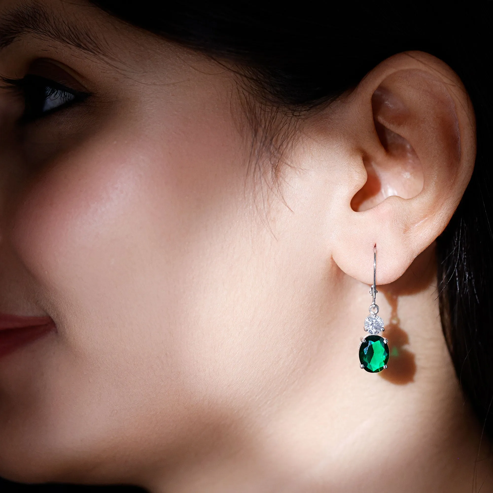 Lab Grown Green Sapphire Oval Drop Dangle Earrings With Moissanite