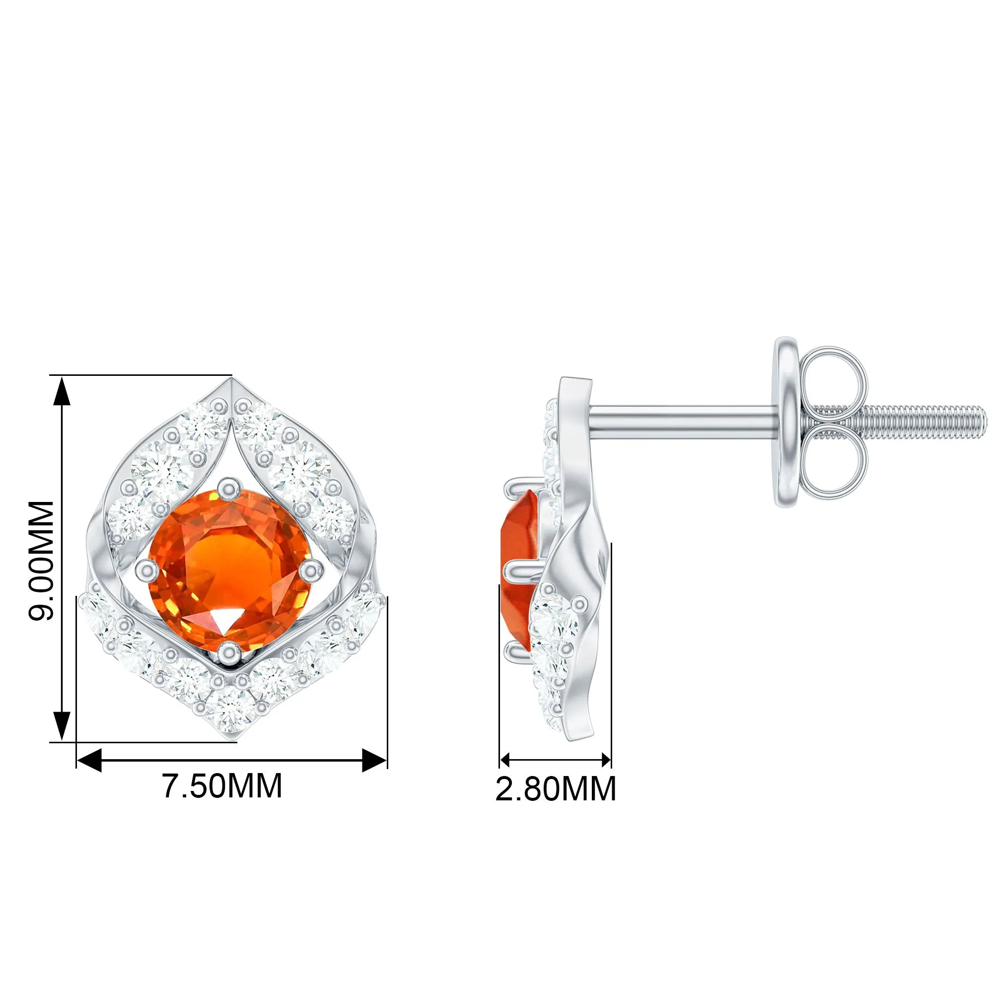 Lab Grown Orange Sapphire Stud Earrings with Diamond