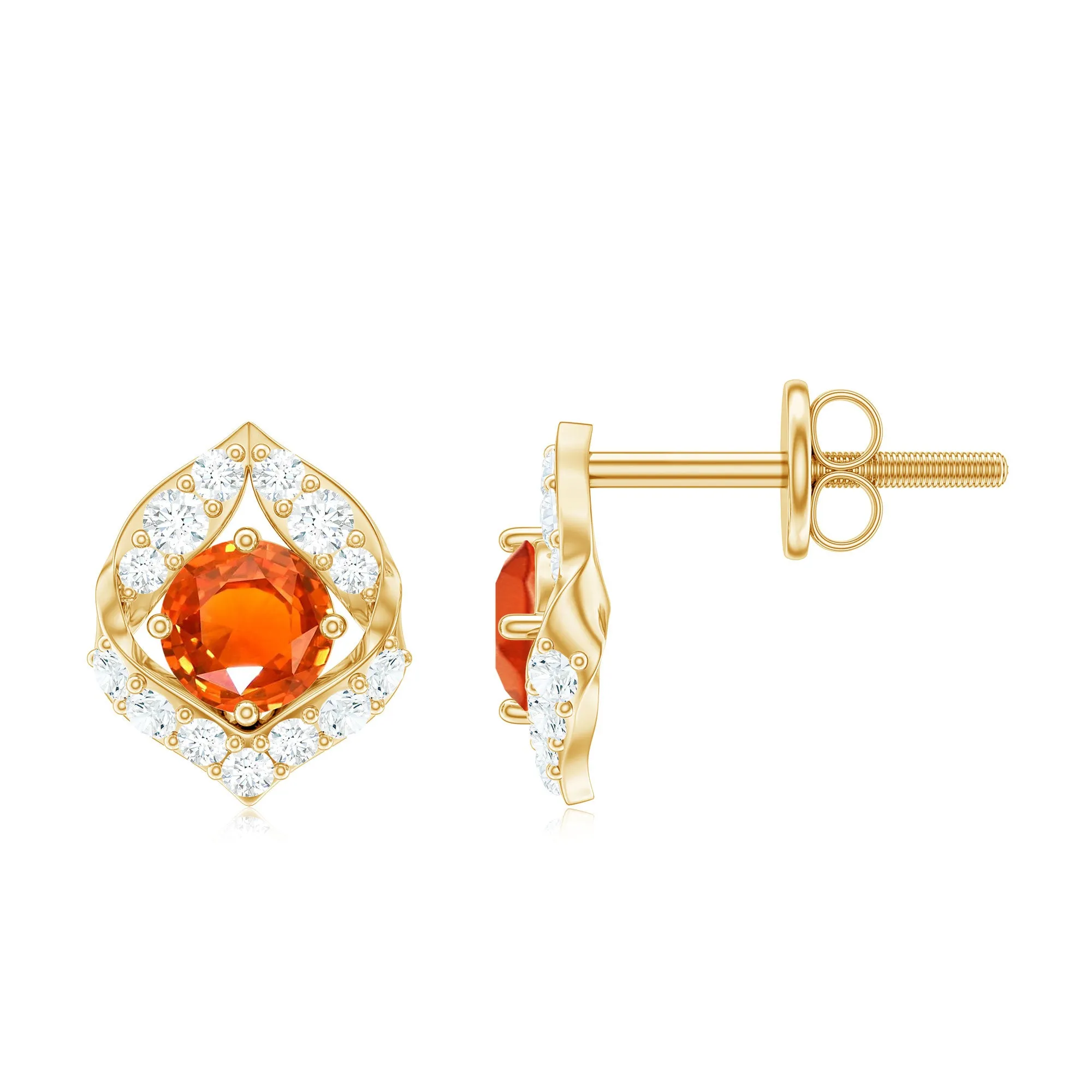 Lab Grown Orange Sapphire Stud Earrings with Diamond