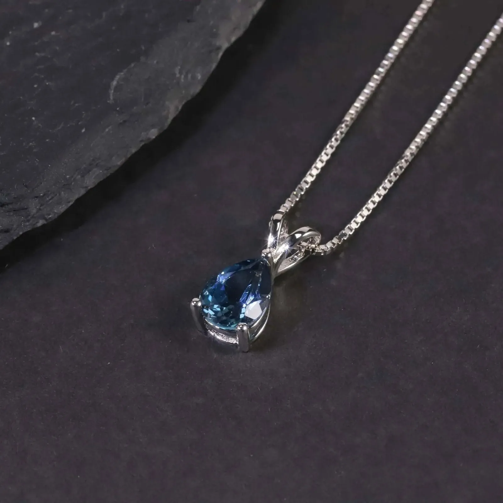 London Blue Topaz Pear Pendant Necklace - 925 Sterling Silver