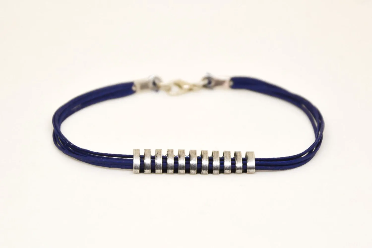 Long striped silver bar bracelet for men, blue cord, gift for him