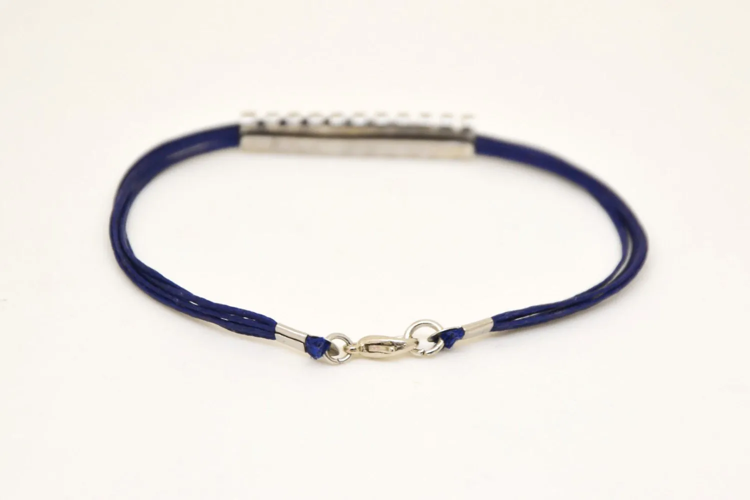 Long striped silver bar bracelet for men, blue cord, gift for him