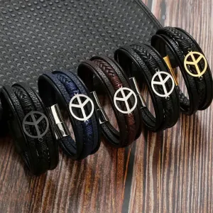 Marshal Peace Sign Mens Leather Bracelet with Clasp Cowhide Multi-Layer Braided Leather Mens Bracelet