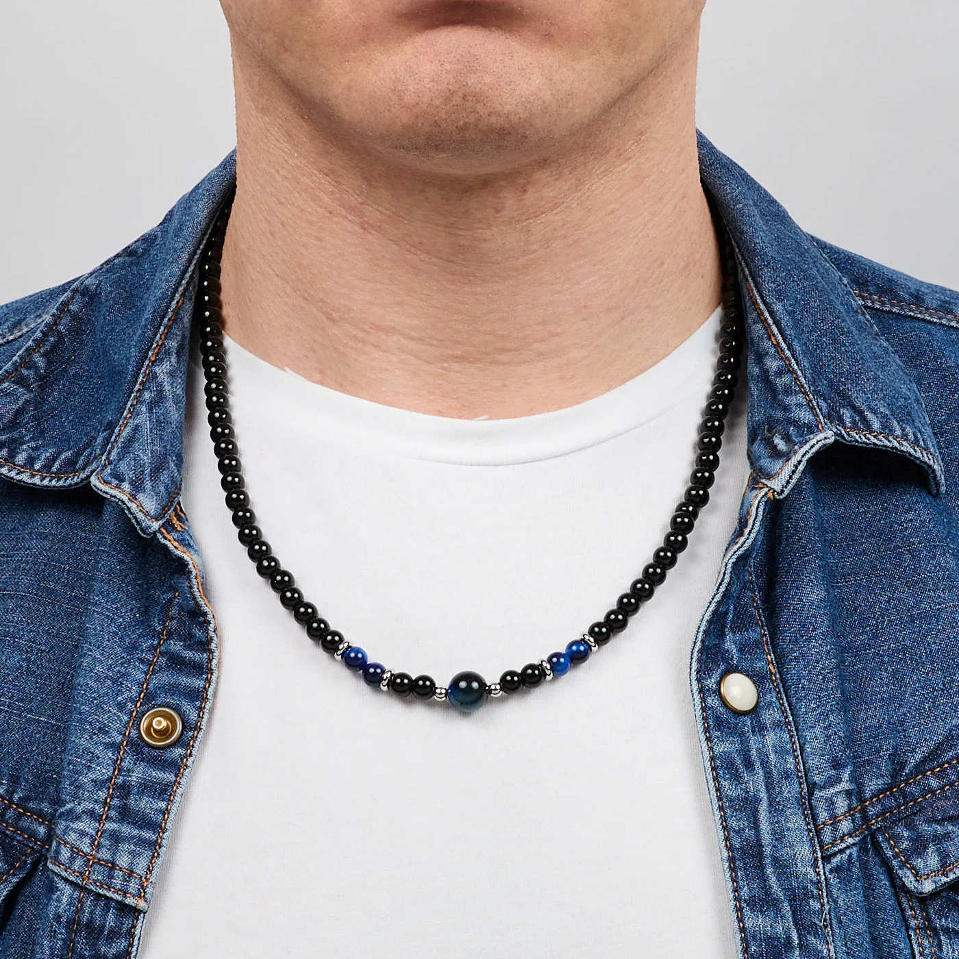 Men's Beaded Necklace | Handmade Natural Black Onyx and Blue Tiger's Eye Gemstone Beads Necklace for Men and Women