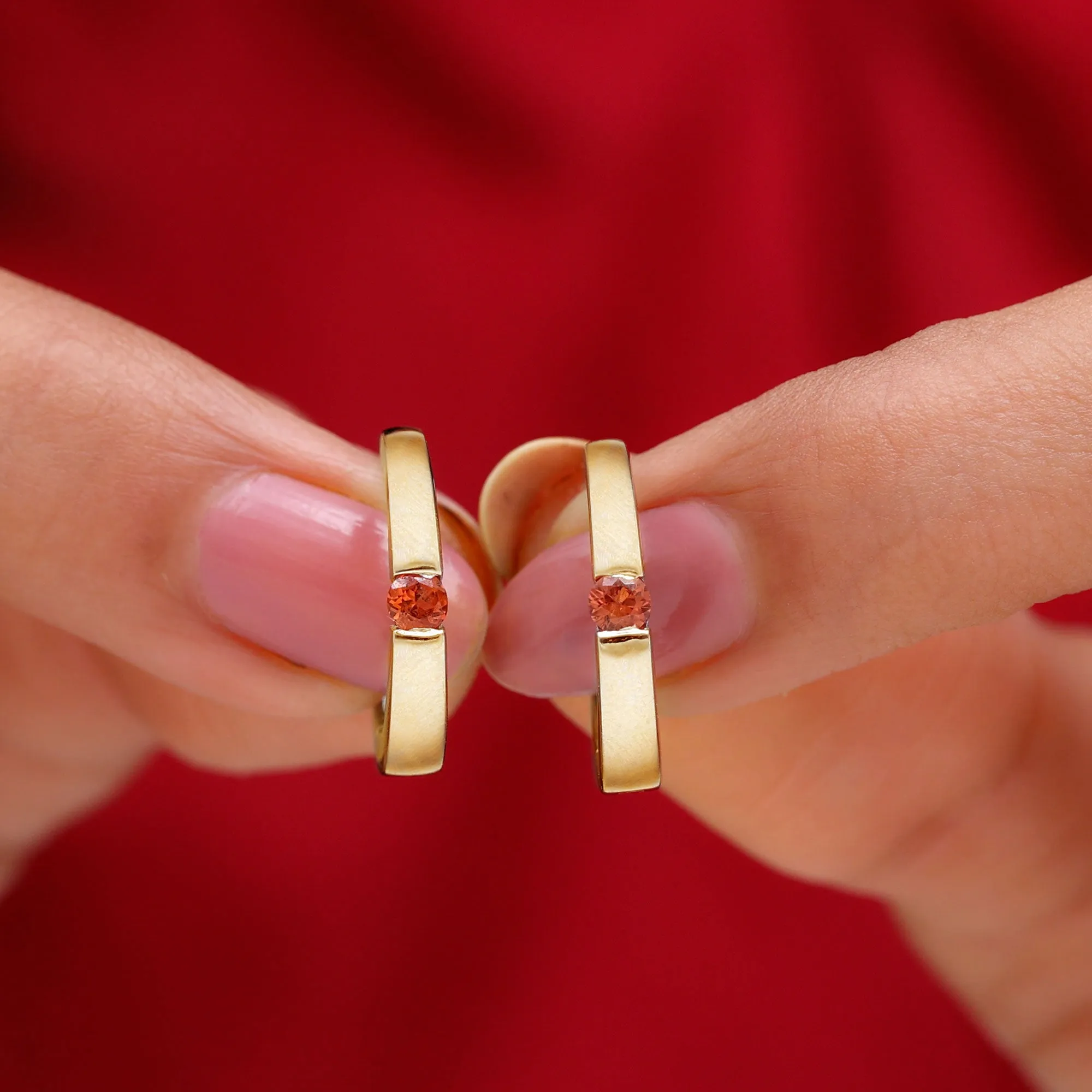 Minimal Orange Sapphire Hinged Hoop Earrings in Tension Mount Setting