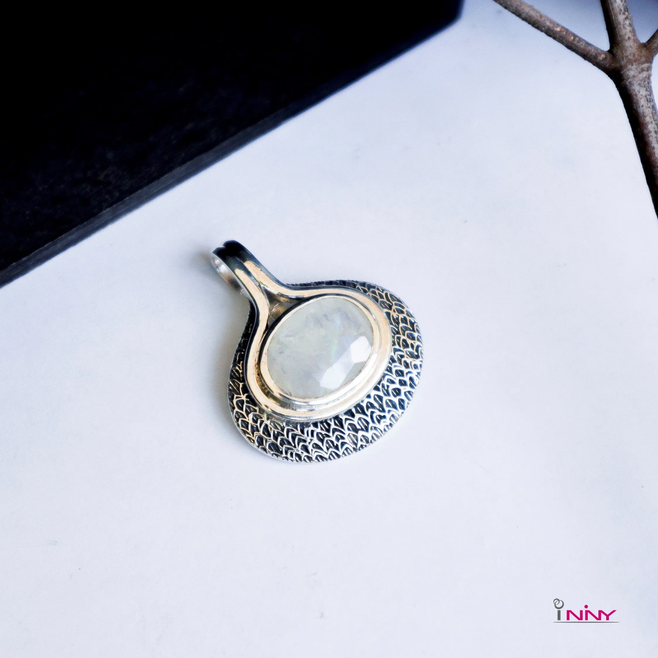 Moon Stone on a Vintage Dish Pendant