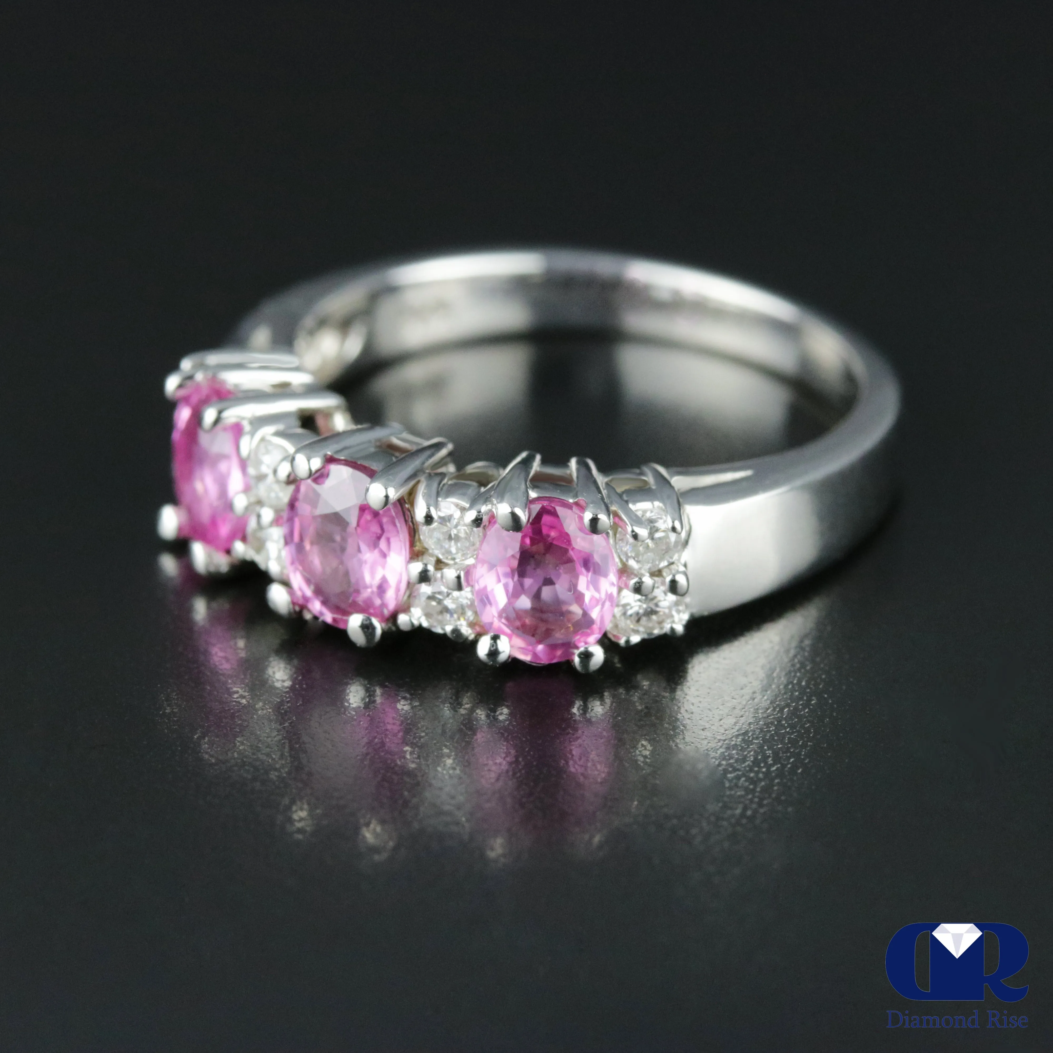 Natural 1.78 Ct Pink Sapphire & Diamond Anniversary Ring 14K White Gold