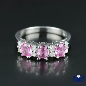 Natural 1.78 Ct Pink Sapphire & Diamond Anniversary Ring 14K White Gold