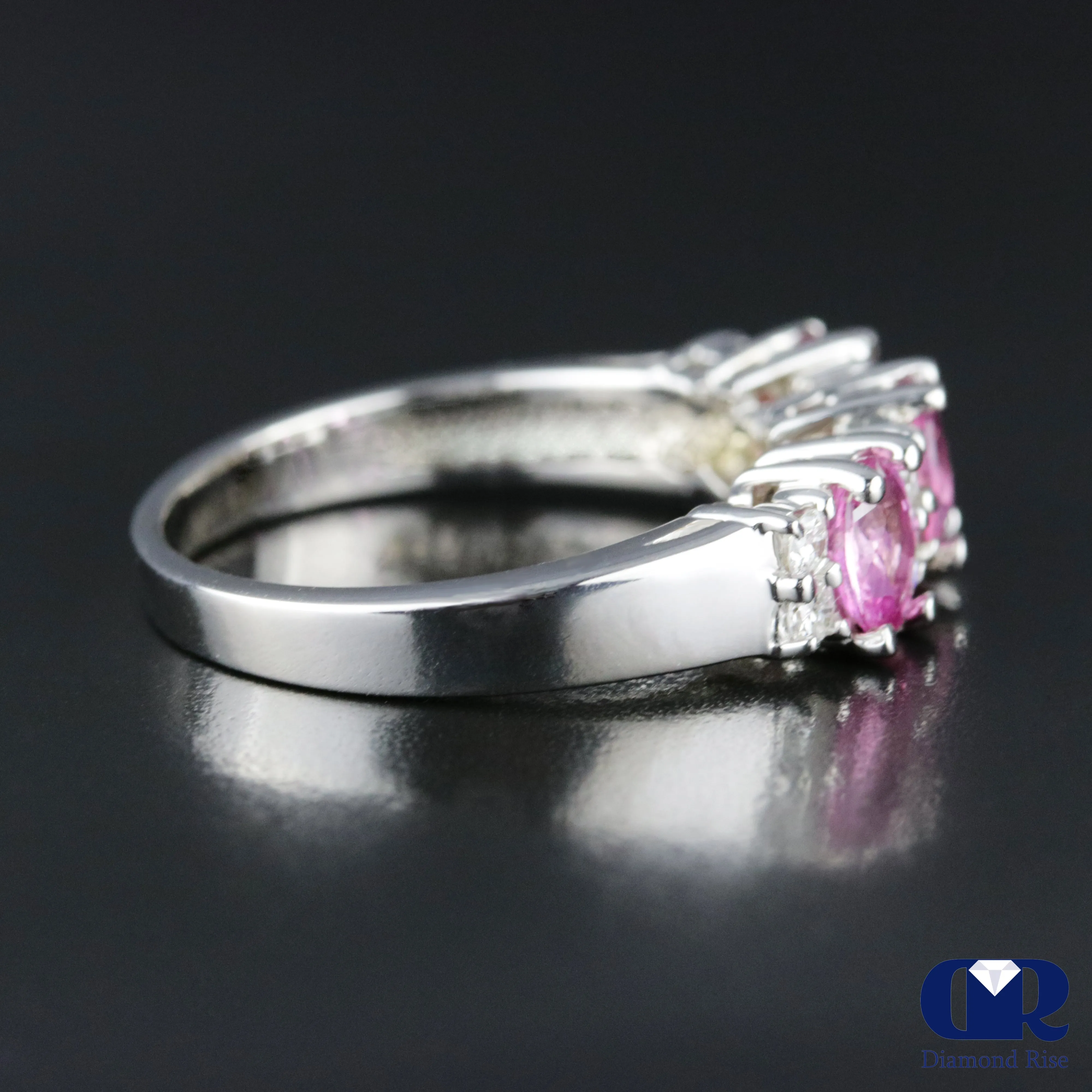 Natural 1.78 Ct Pink Sapphire & Diamond Anniversary Ring 14K White Gold