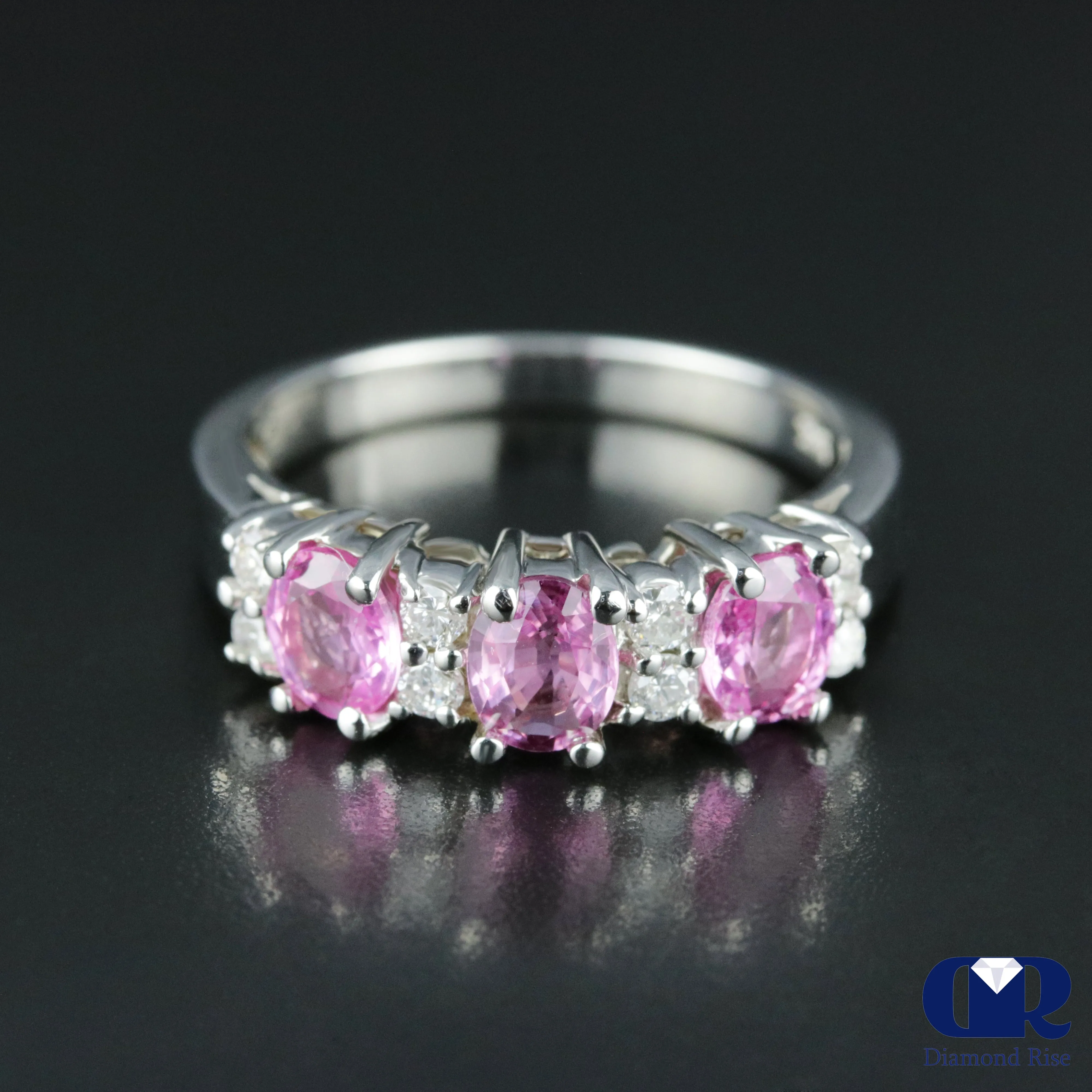 Natural 1.78 Ct Pink Sapphire & Diamond Anniversary Ring 14K White Gold