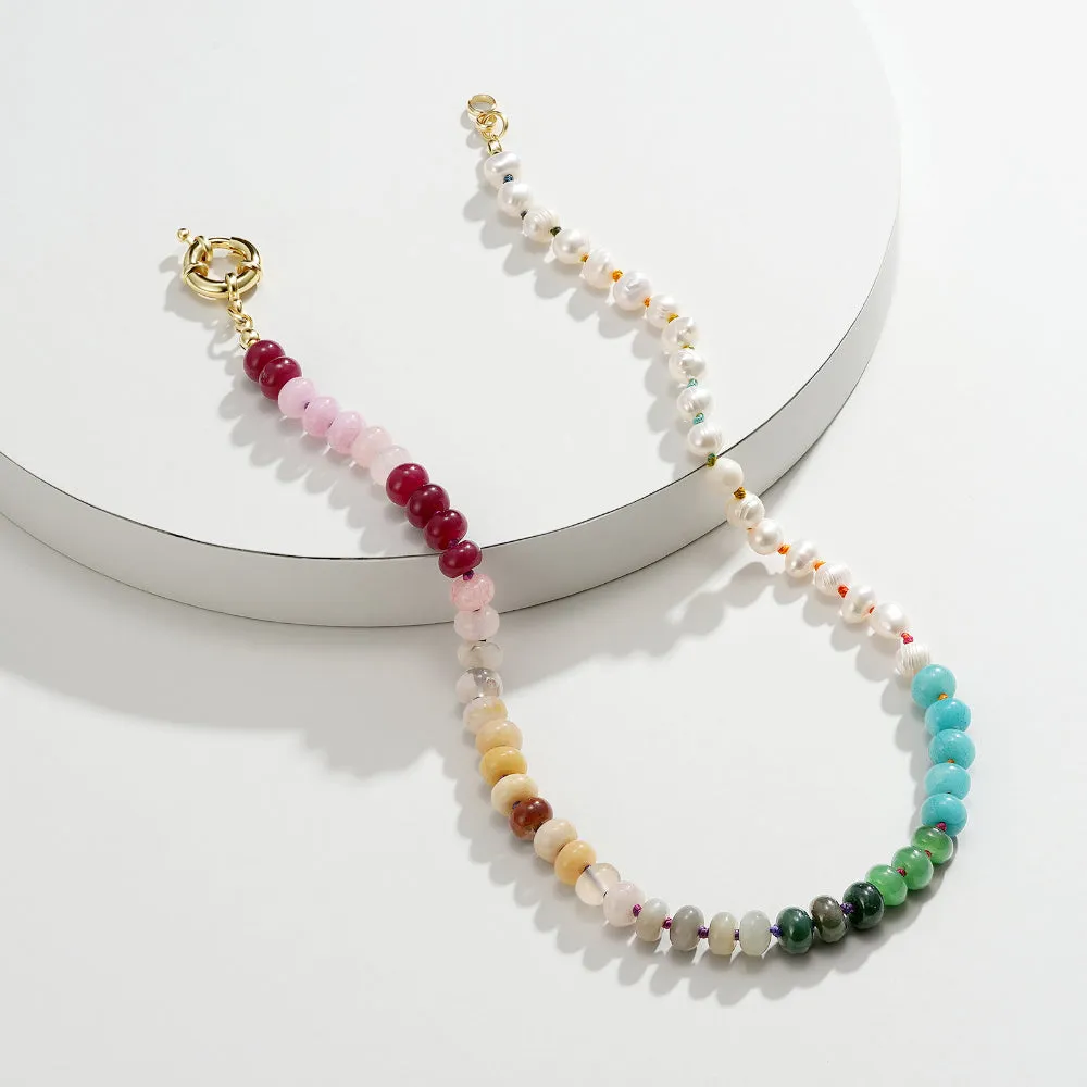 Natural Beaded Gemstone Colorful & Freshwater Pearl Choker Necklace