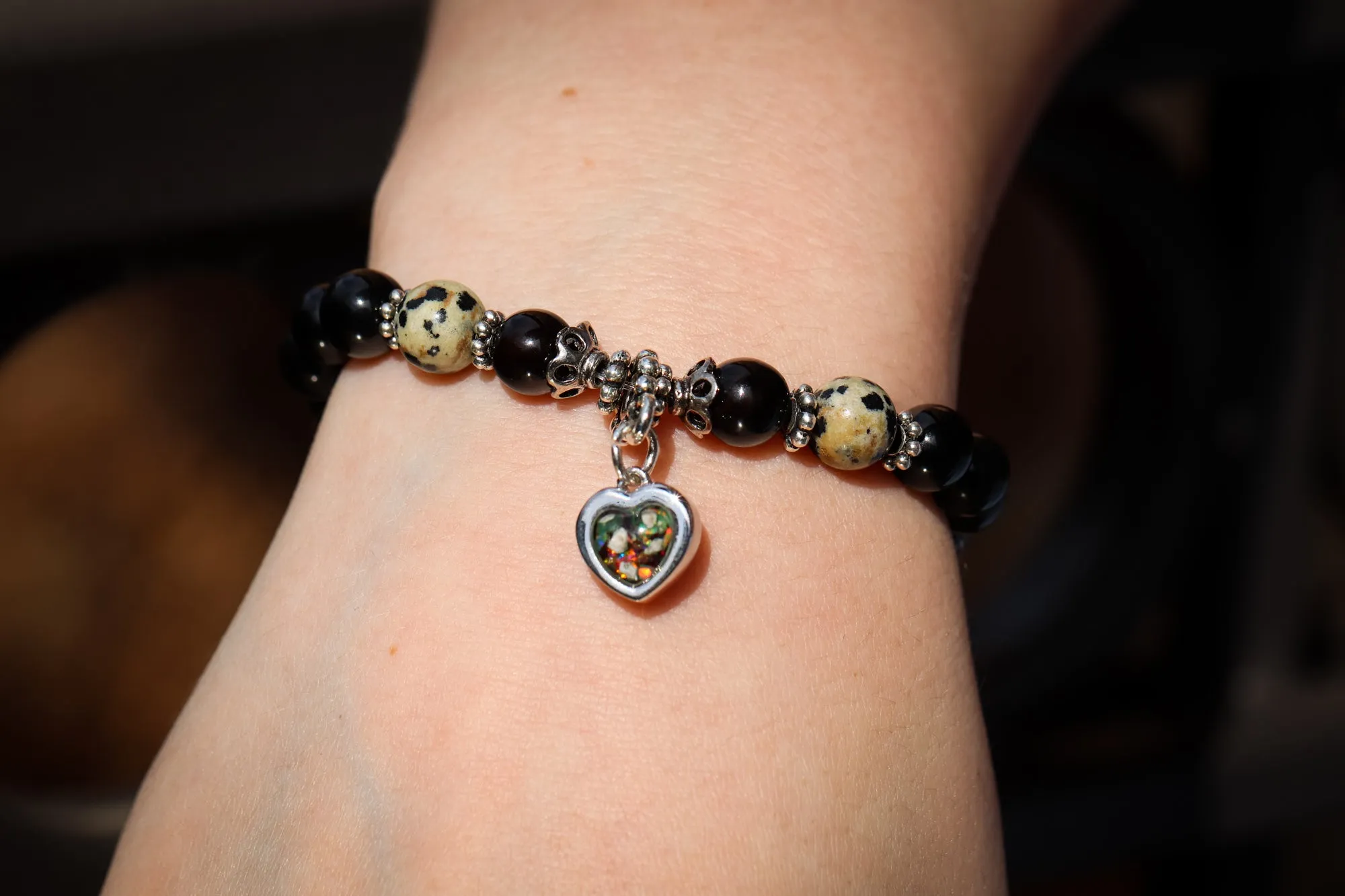 Onyx and Dalmatian Agate Healing Bracelet with Cremation Ash