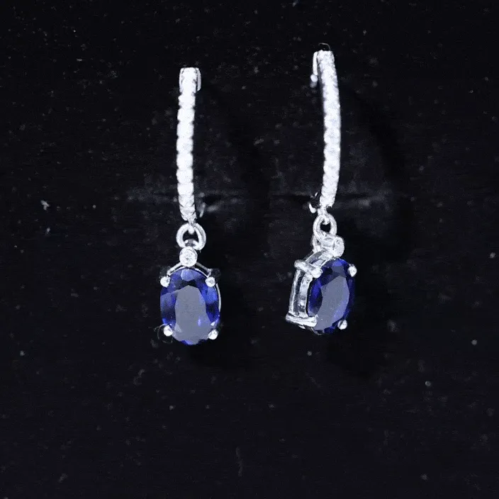 Oval Created Blue Sapphire Silver Hoop Drop Earrings with Moissanite