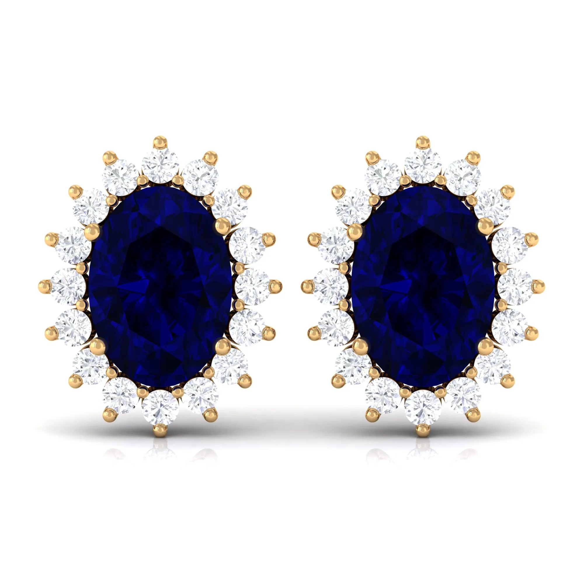 Oval Cut Created Blue Sapphire Halo Stud Earrings with Diamond