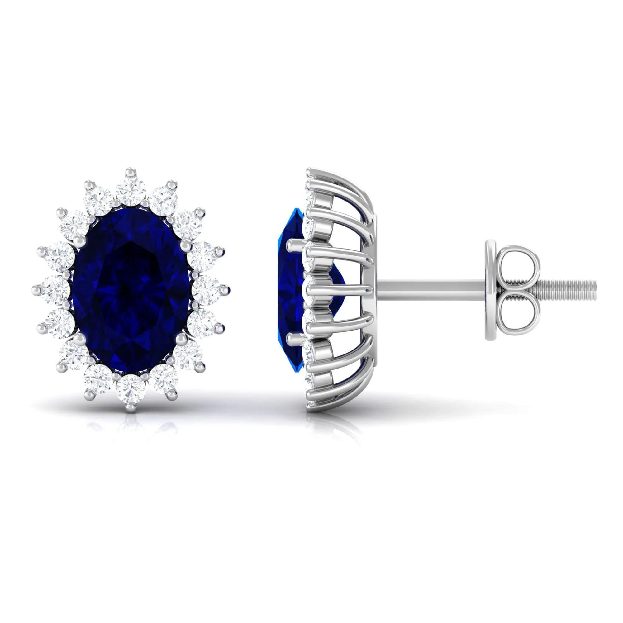 Oval Cut Created Blue Sapphire Halo Stud Earrings with Diamond