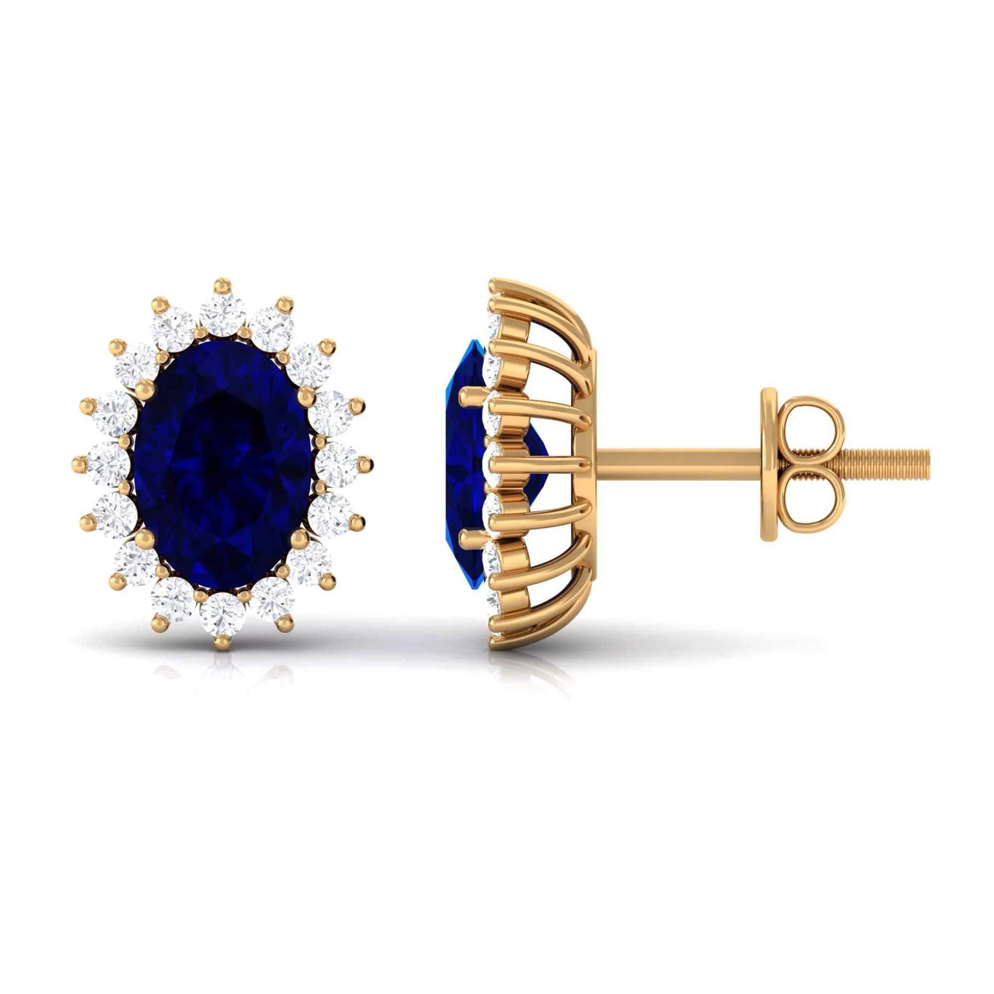 Oval Cut Created Blue Sapphire Halo Stud Earrings with Diamond