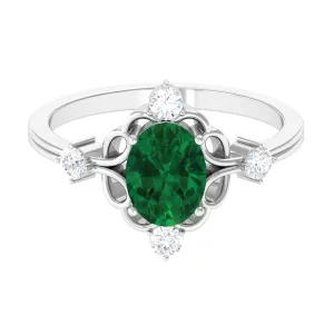 Oval Cut Solitaire Created Emerald Engagement Ring with Diamond