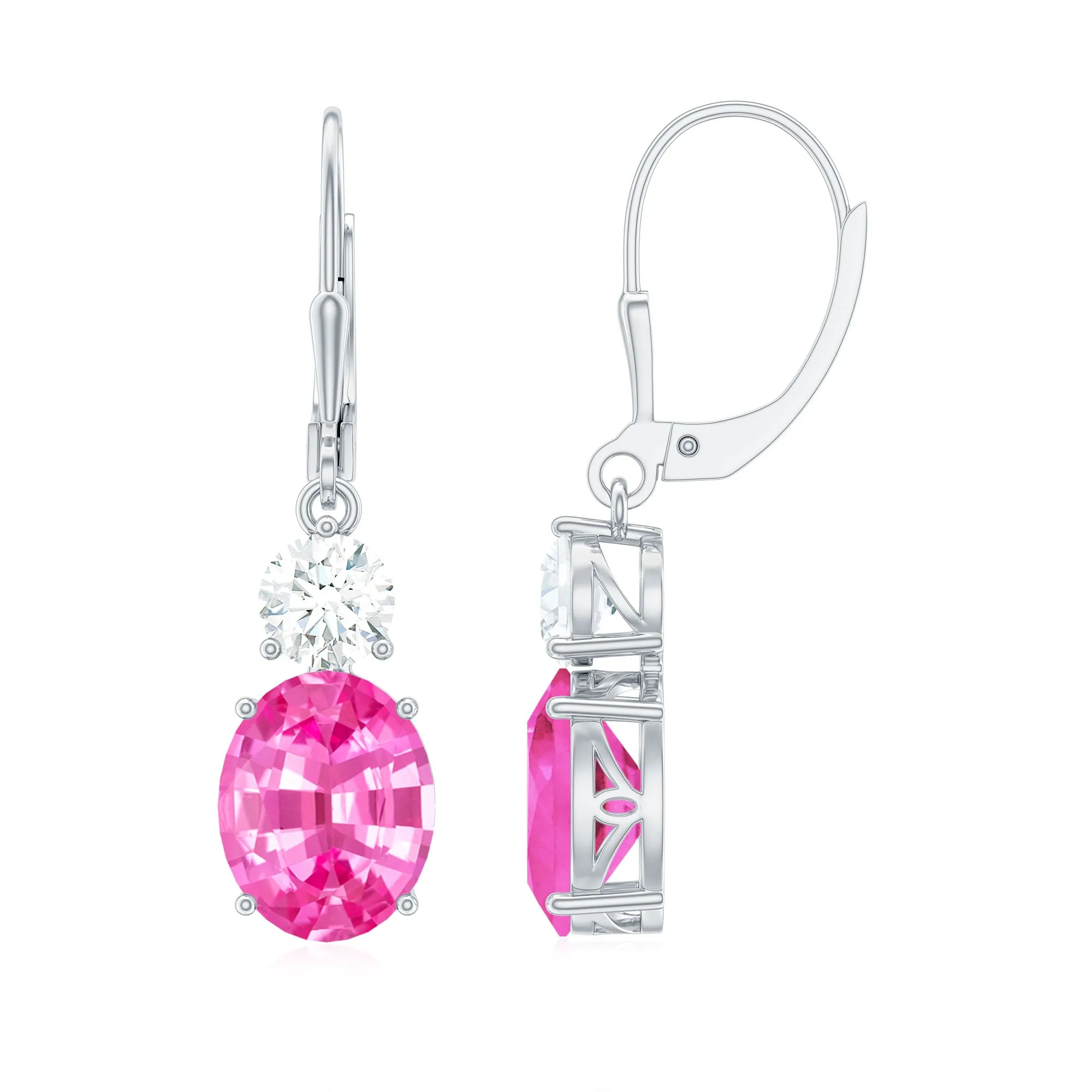 Oval Shape Created Pink Sapphire Drop Earrings With Leverback