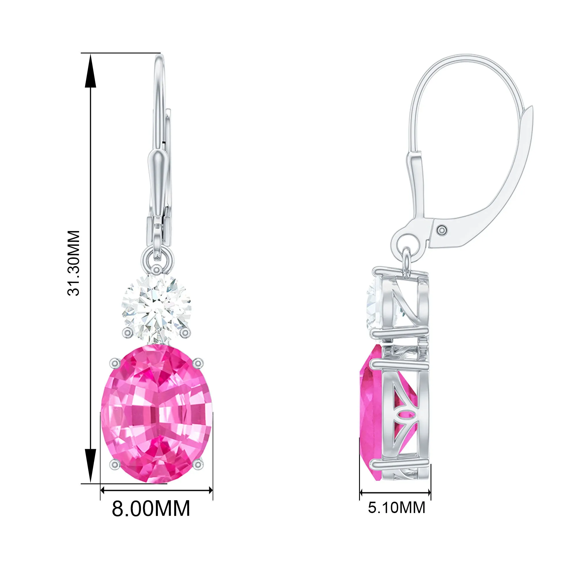 Oval Shape Created Pink Sapphire Drop Earrings With Leverback